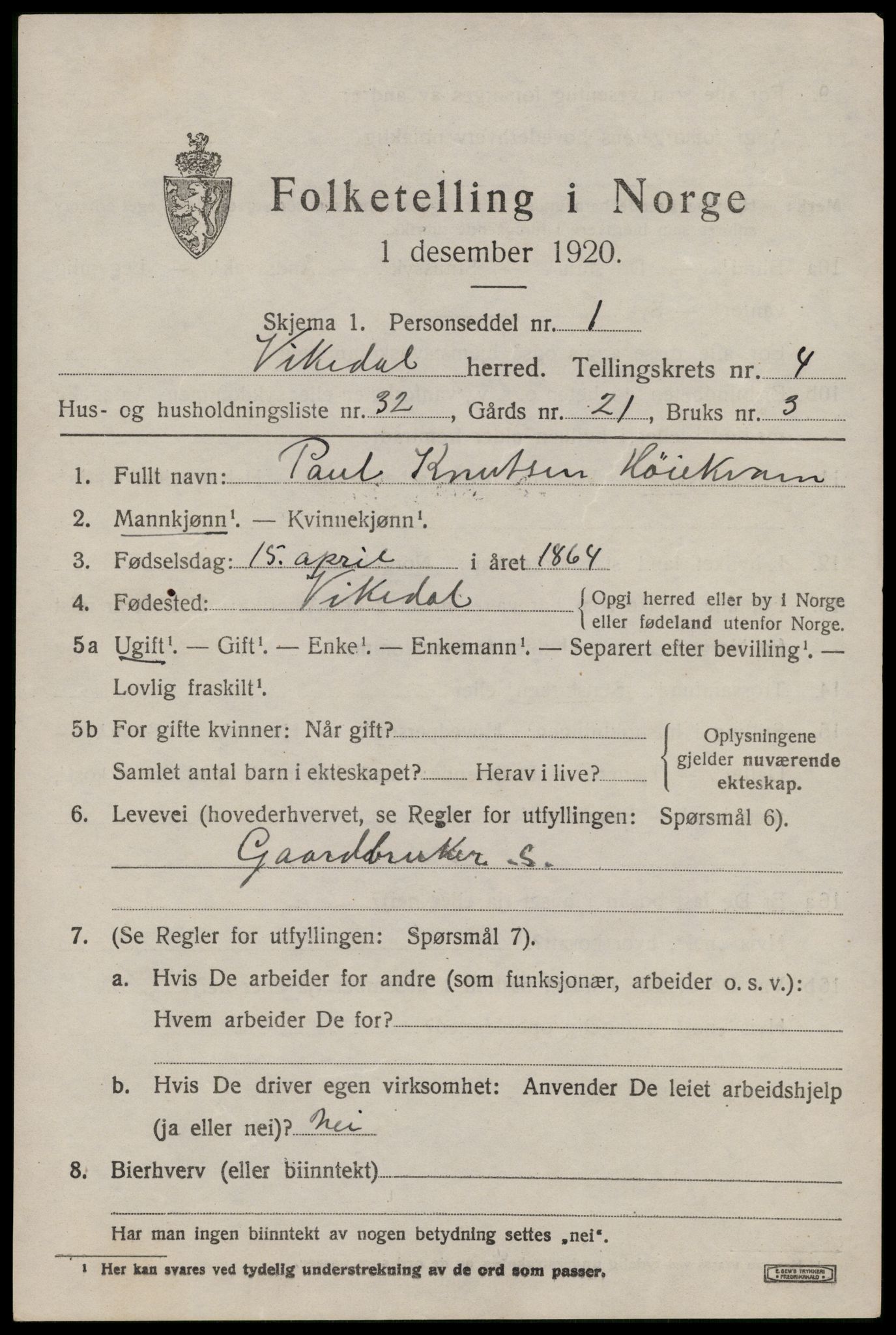 SAST, Folketelling 1920 for 1157 Vikedal herred, 1920, s. 2323