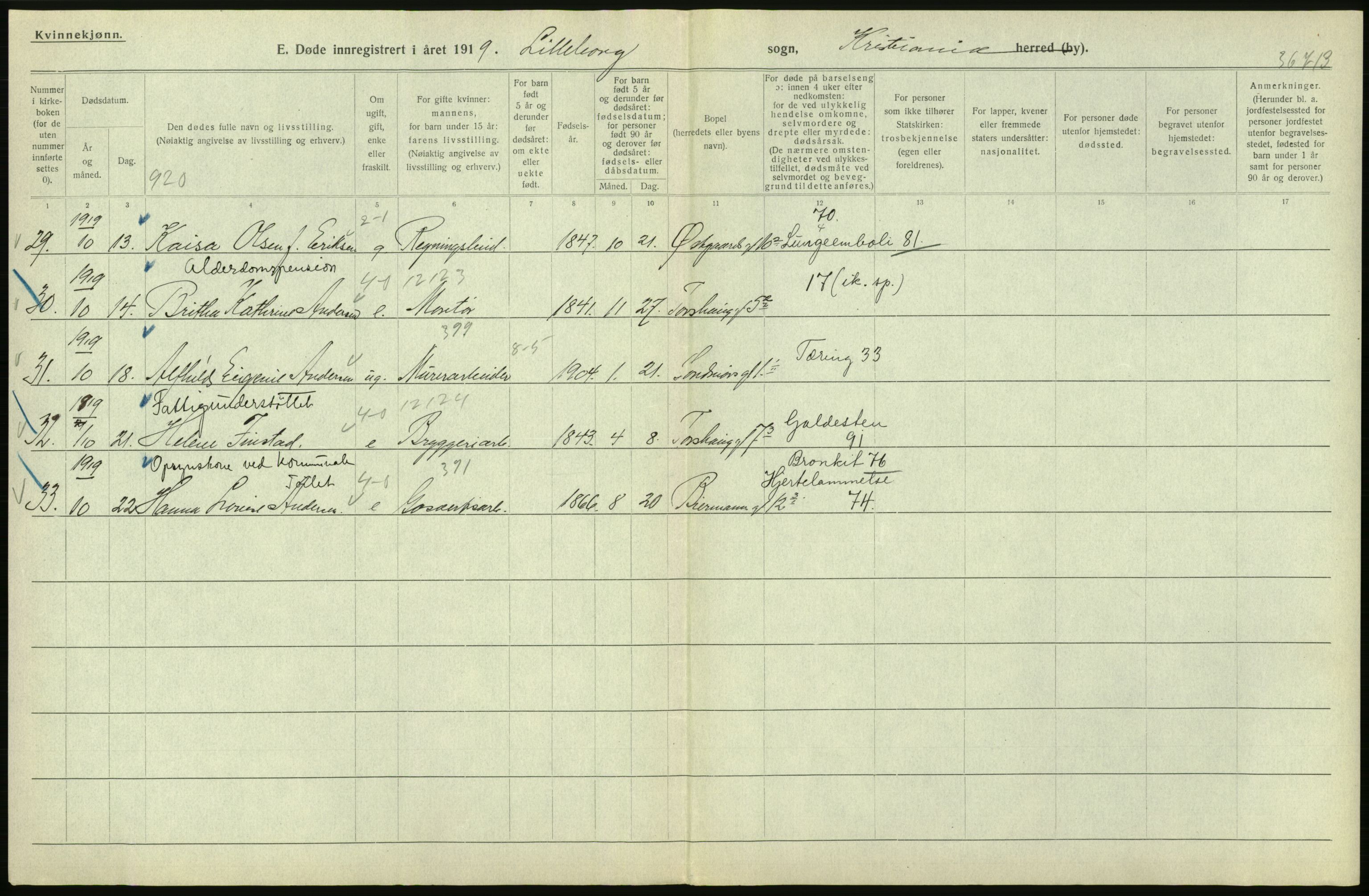 Statistisk sentralbyrå, Sosiodemografiske emner, Befolkning, RA/S-2228/D/Df/Dfb/Dfbi/L0010: Kristiania: Døde, 1919, s. 266