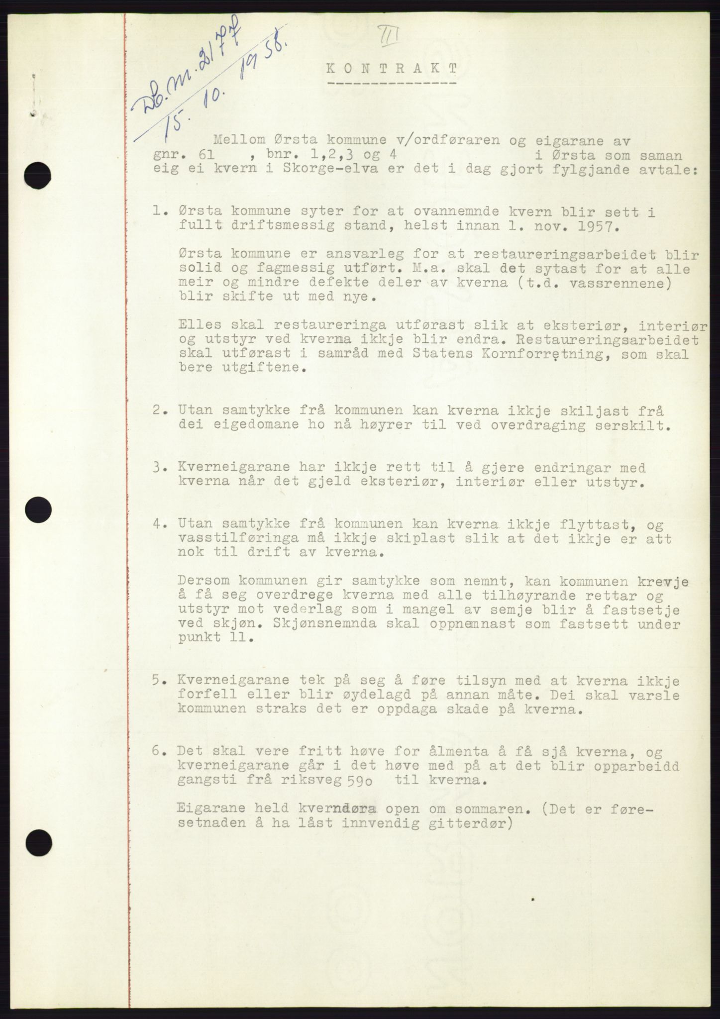 Søre Sunnmøre sorenskriveri, AV/SAT-A-4122/1/2/2C/L0110: Pantebok nr. 36A, 1958-1958, Dagboknr: 2177/1958