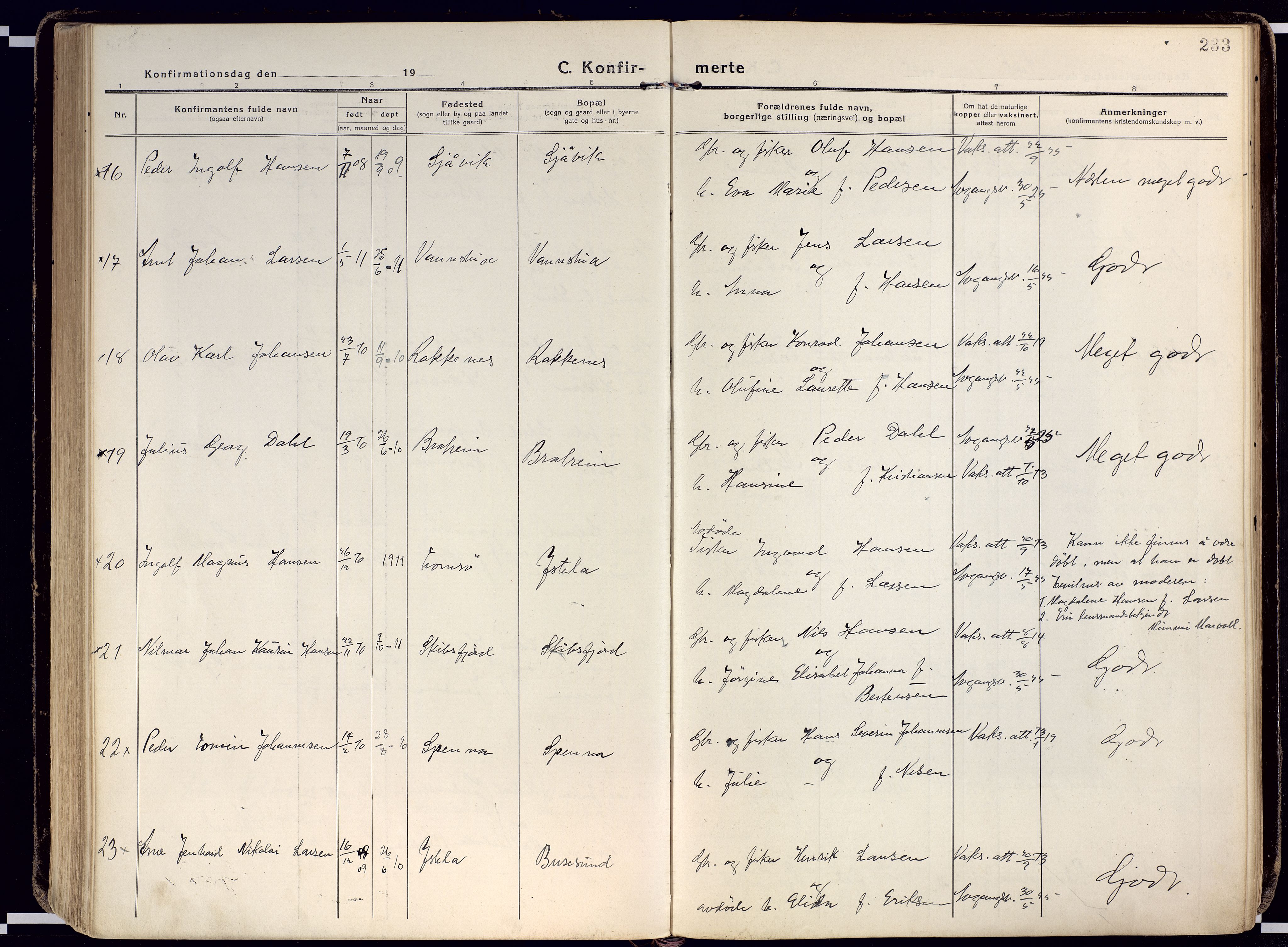 Karlsøy sokneprestembete, AV/SATØ-S-1299/H/Ha/Haa/L0015kirke: Ministerialbok nr. 15, 1918-1929, s. 233