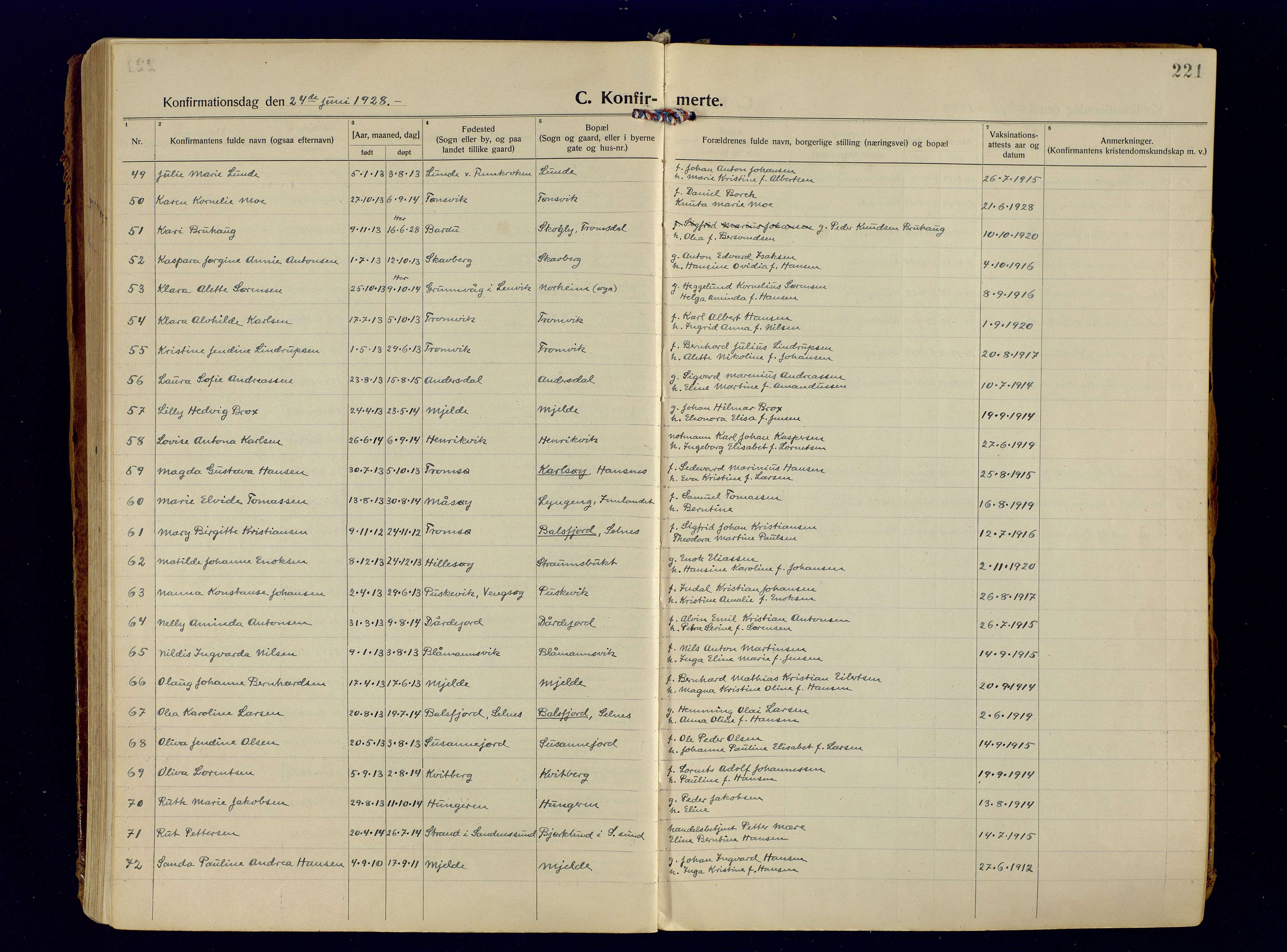 Tromsøysund sokneprestkontor, AV/SATØ-S-1304/G/Ga/L0009kirke: Ministerialbok nr. 9, 1922-1934, s. 221