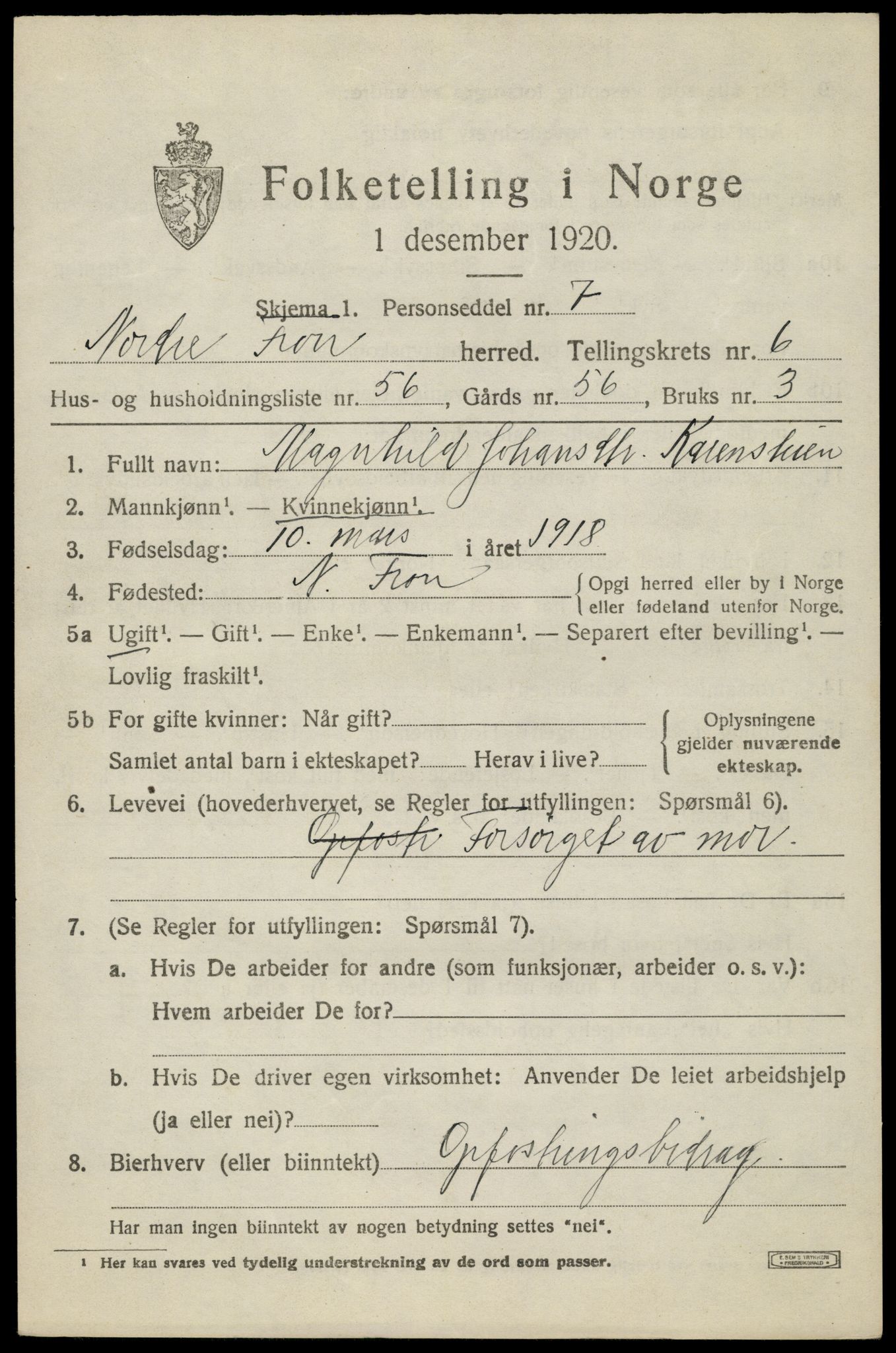 SAH, Folketelling 1920 for 0518 Nord-Fron herred, 1920, s. 5974