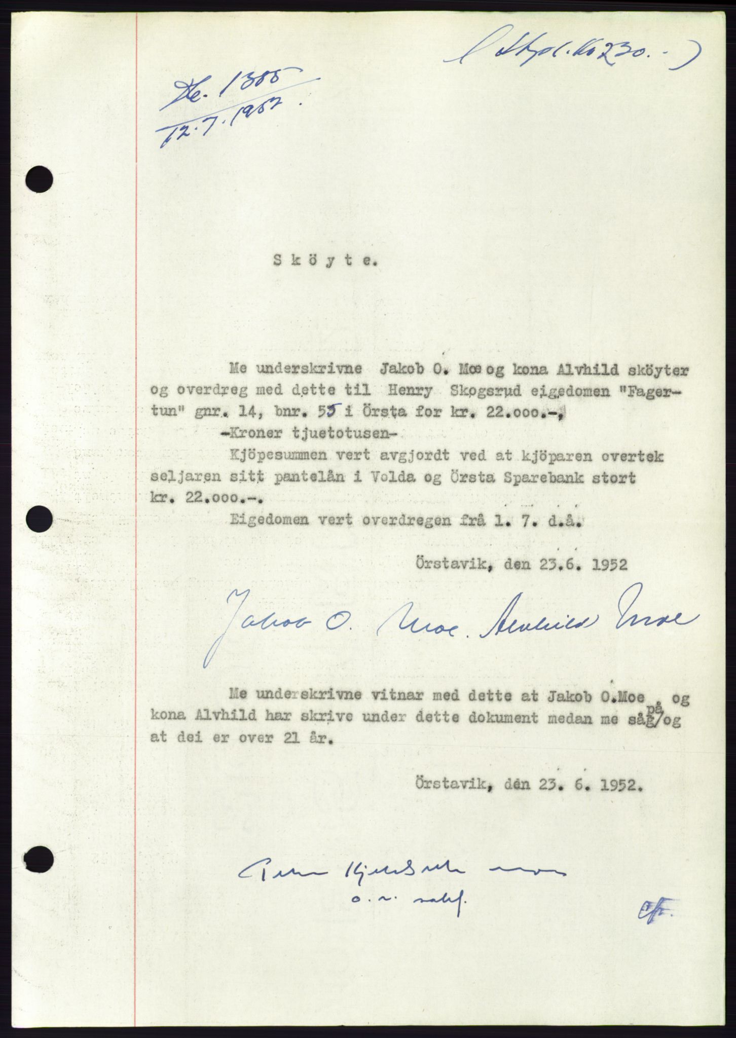 Søre Sunnmøre sorenskriveri, AV/SAT-A-4122/1/2/2C/L0092: Pantebok nr. 18A, 1952-1952, Dagboknr: 1385/1952