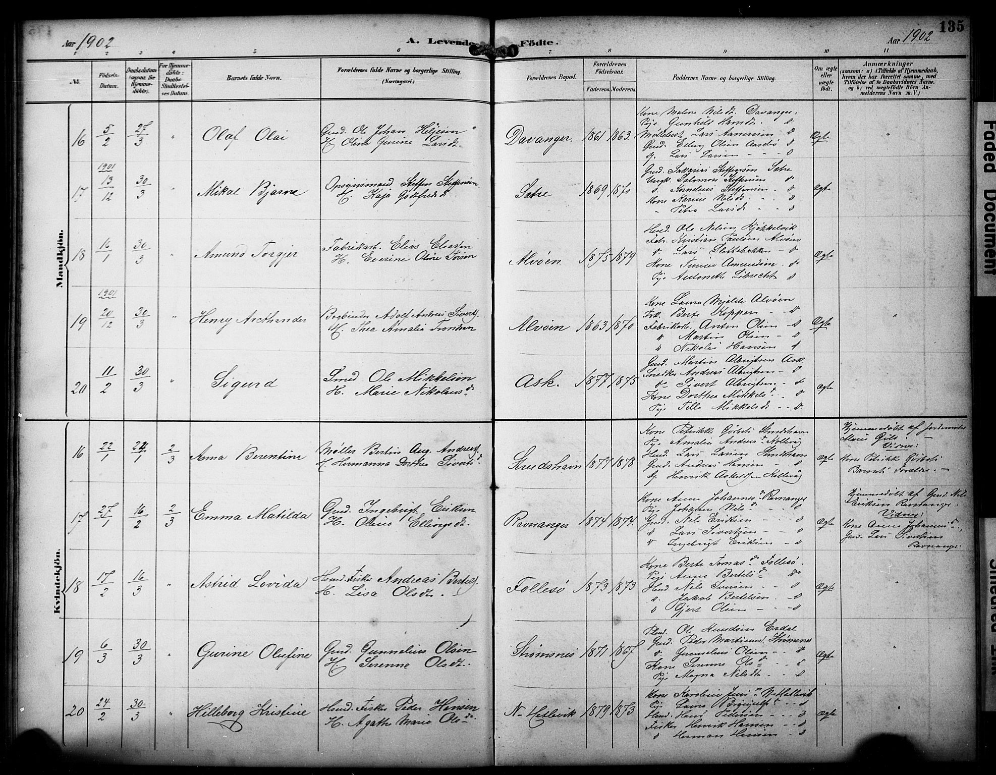 Askøy Sokneprestembete, AV/SAB-A-74101/H/Ha/Hab/Haba/L0009: Klokkerbok nr. A 9, 1894-1903, s. 135