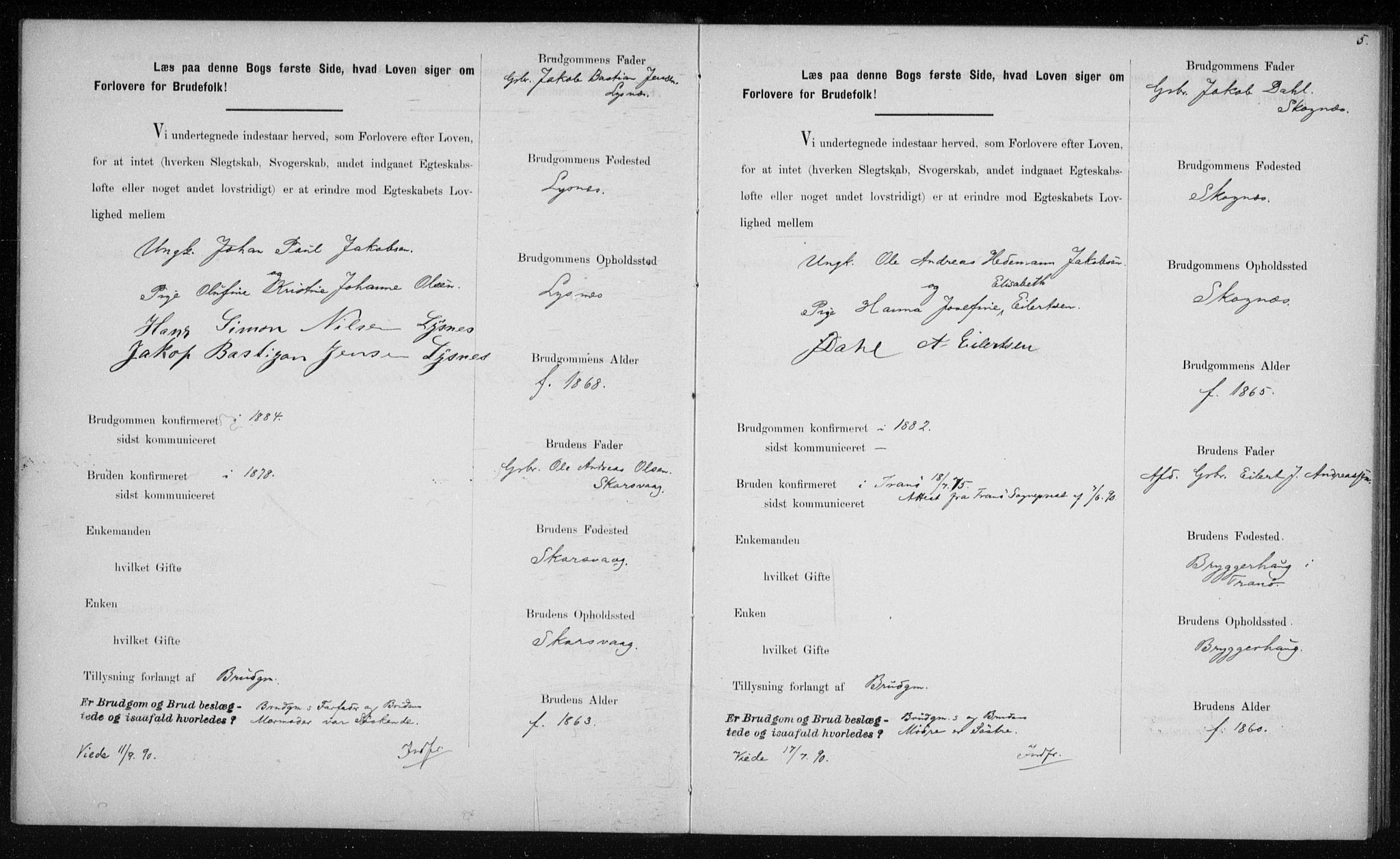 Lenvik sokneprestembete, AV/SATØ-S-1310/I/Ie/L0129: Lysningsprotokoll nr. 129, 1890-1895, s. 5
