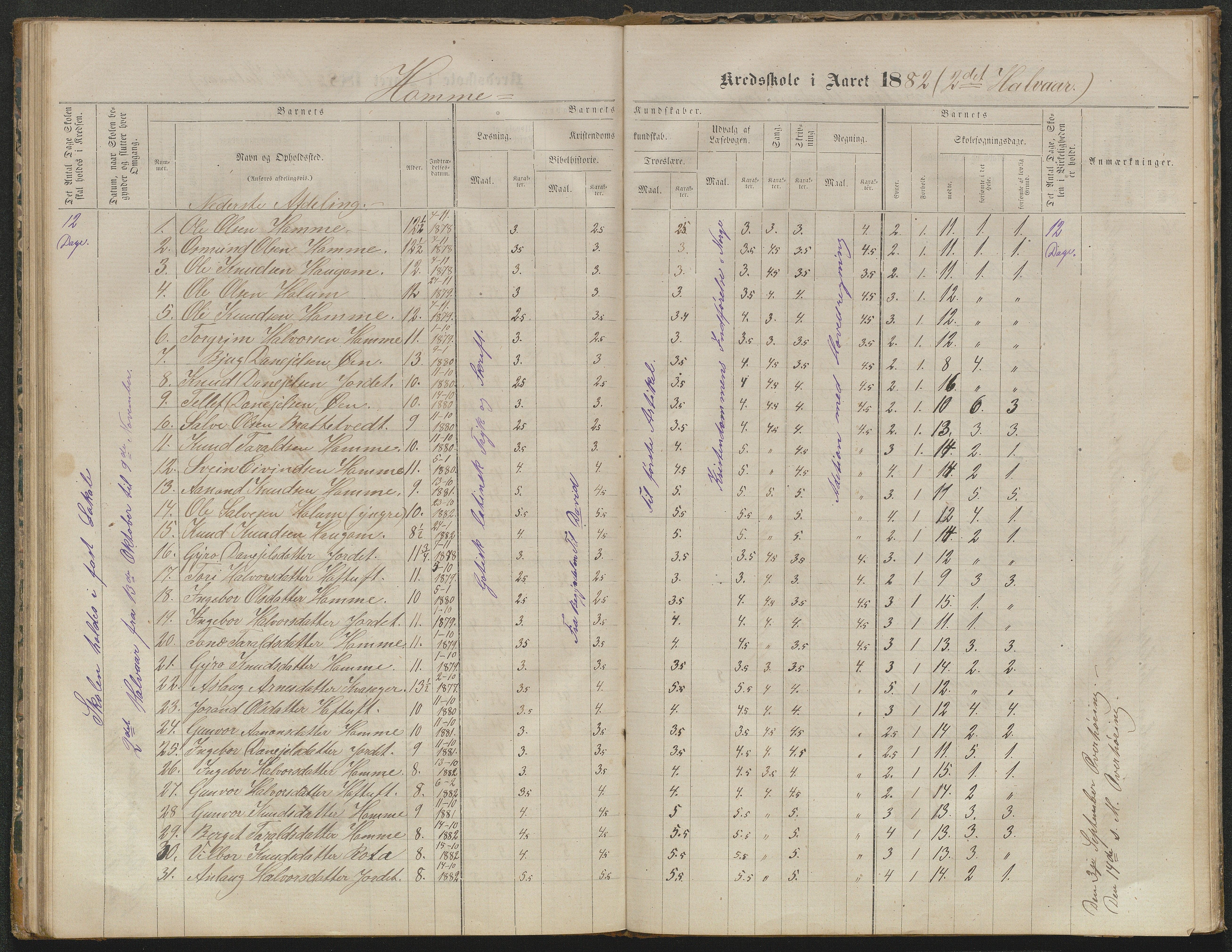 Valle kommune, AAKS/KA0940-PK/03/L0052: Karakterprotokoll for Homme skule. Karakterprotokoll for Oveinang skule. Karakterprotokoll for Tveitebø skule. Karakterprotokoll for den frivillige undervisning i Homme, 1863-1882