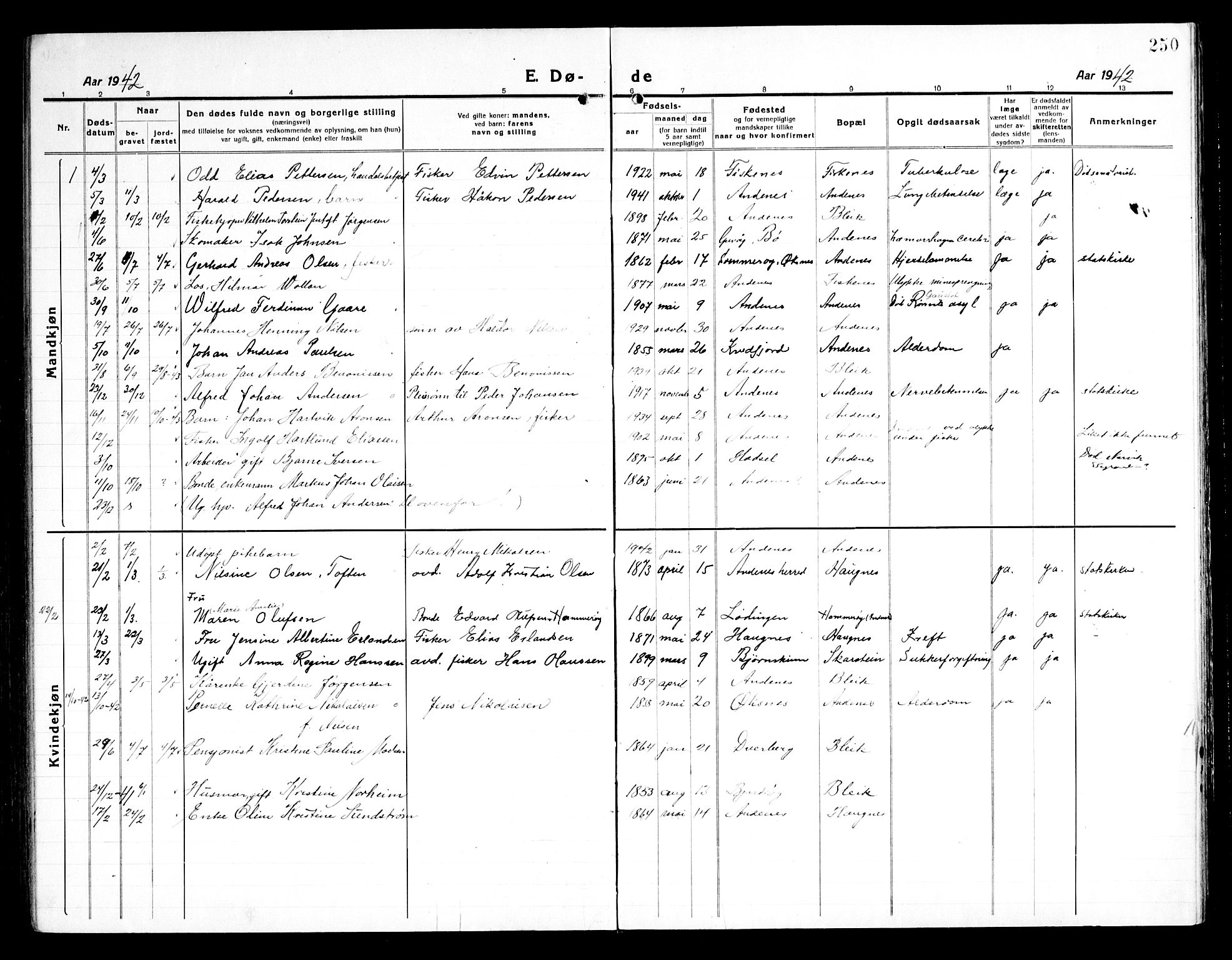 Ministerialprotokoller, klokkerbøker og fødselsregistre - Nordland, AV/SAT-A-1459/899/L1450: Klokkerbok nr. 899C05, 1918-1945, s. 250