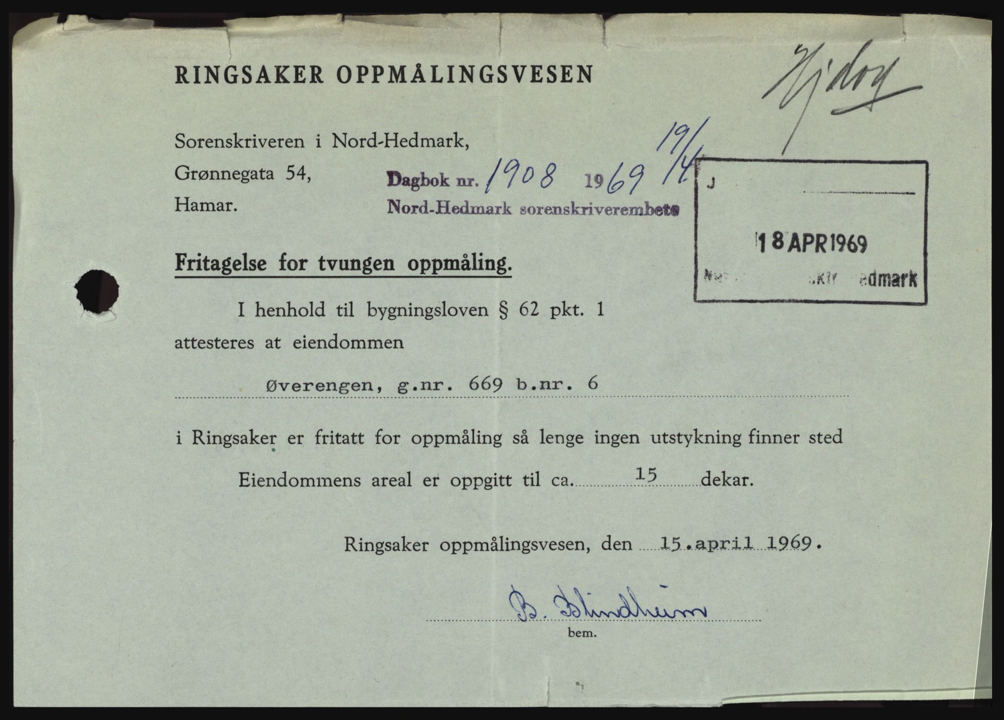 Nord-Hedmark sorenskriveri, SAH/TING-012/H/Hc/L0030: Pantebok nr. 30, 1969-1969, Dagboknr: 1908/1969