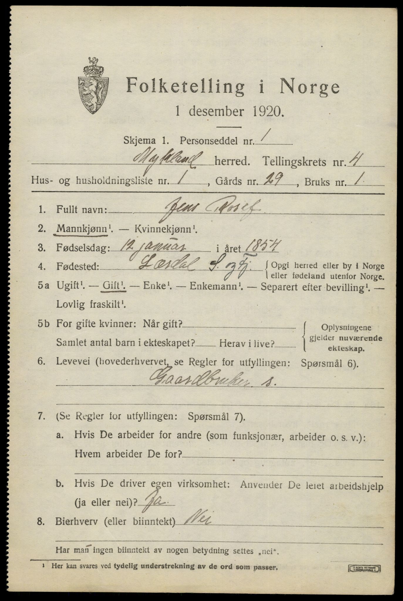SAK, Folketelling 1920 for 0932 Mykland herred, 1920, s. 1322
