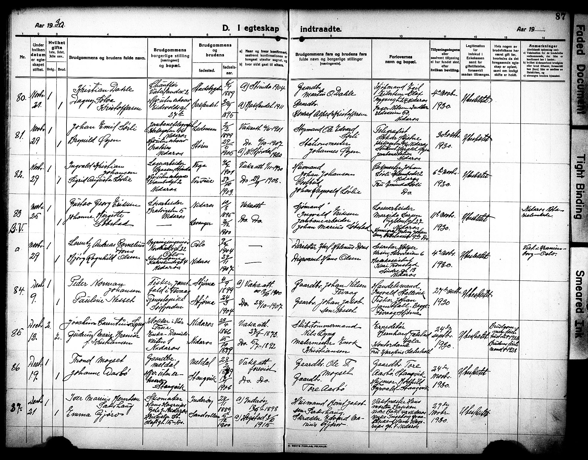 Ministerialprotokoller, klokkerbøker og fødselsregistre - Sør-Trøndelag, AV/SAT-A-1456/602/L0149: Klokkerbok nr. 602C17, 1919-1932, s. 87