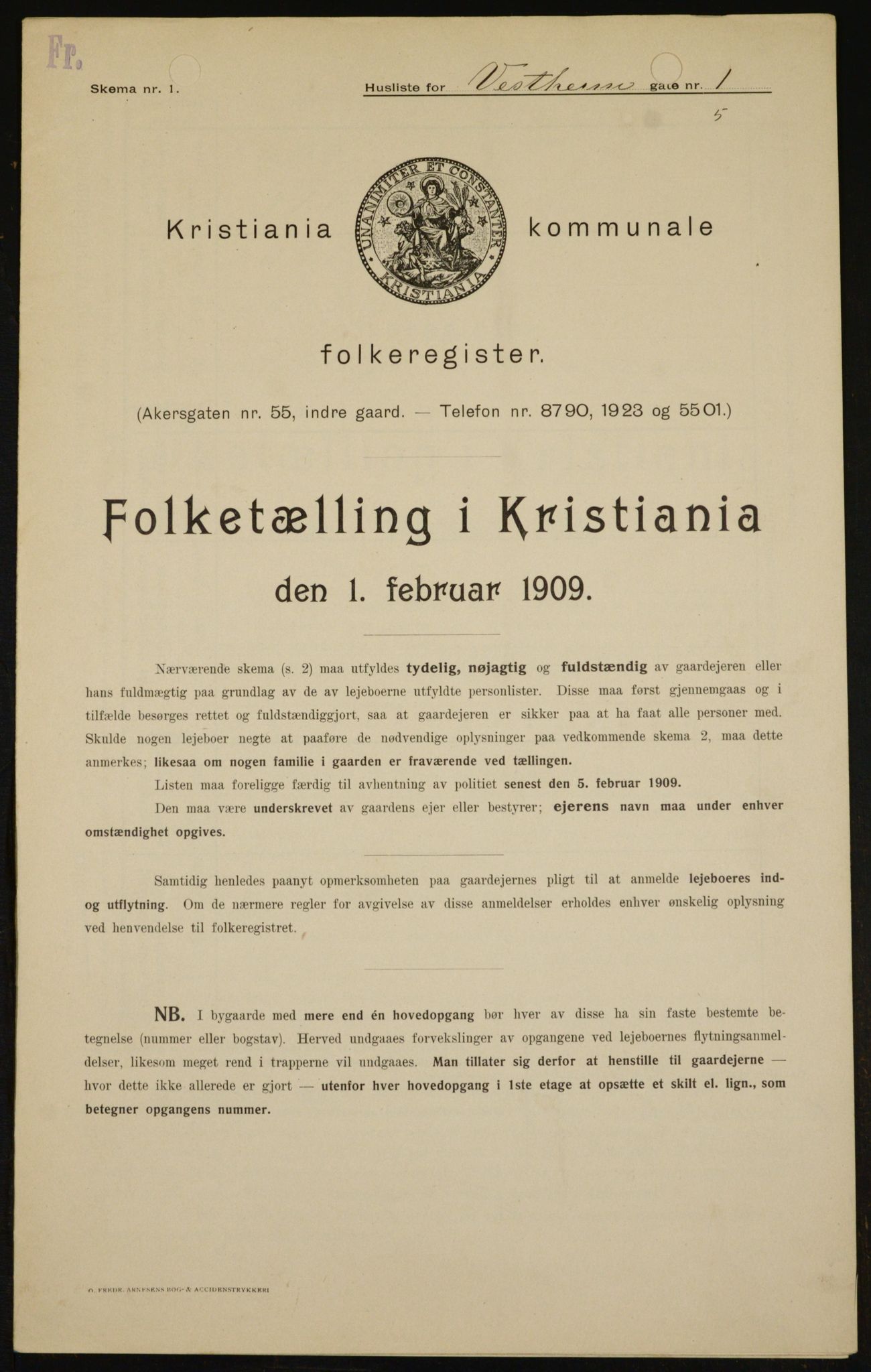 OBA, Kommunal folketelling 1.2.1909 for Kristiania kjøpstad, 1909, s. 111070