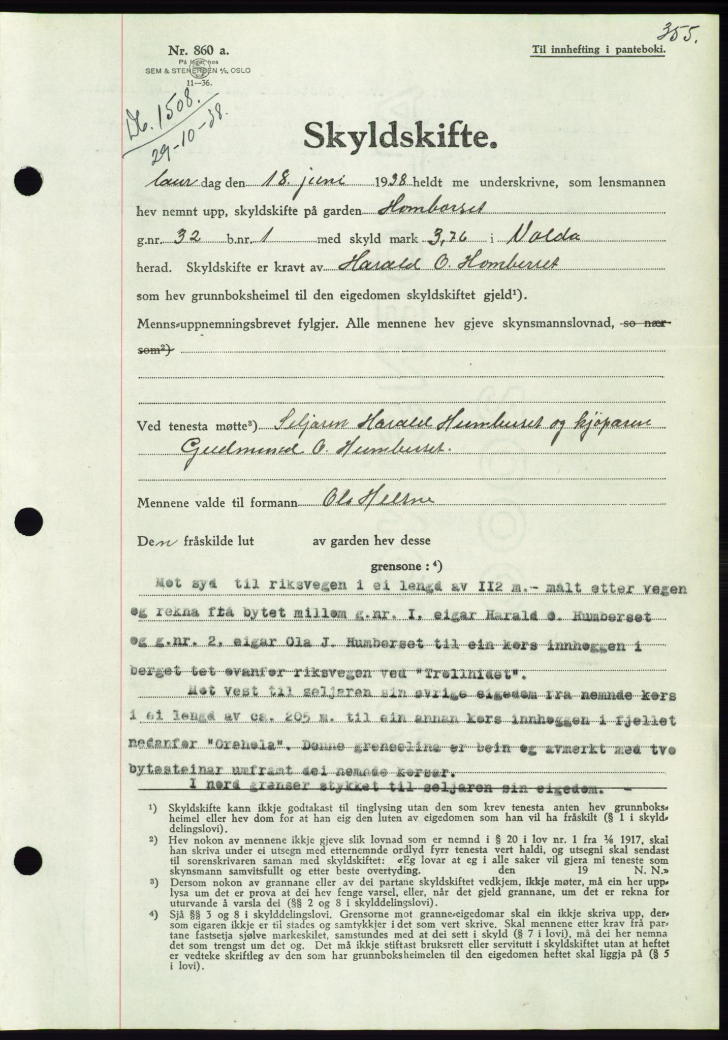 Søre Sunnmøre sorenskriveri, AV/SAT-A-4122/1/2/2C/L0066: Pantebok nr. 60, 1938-1938, Dagboknr: 1508/1938