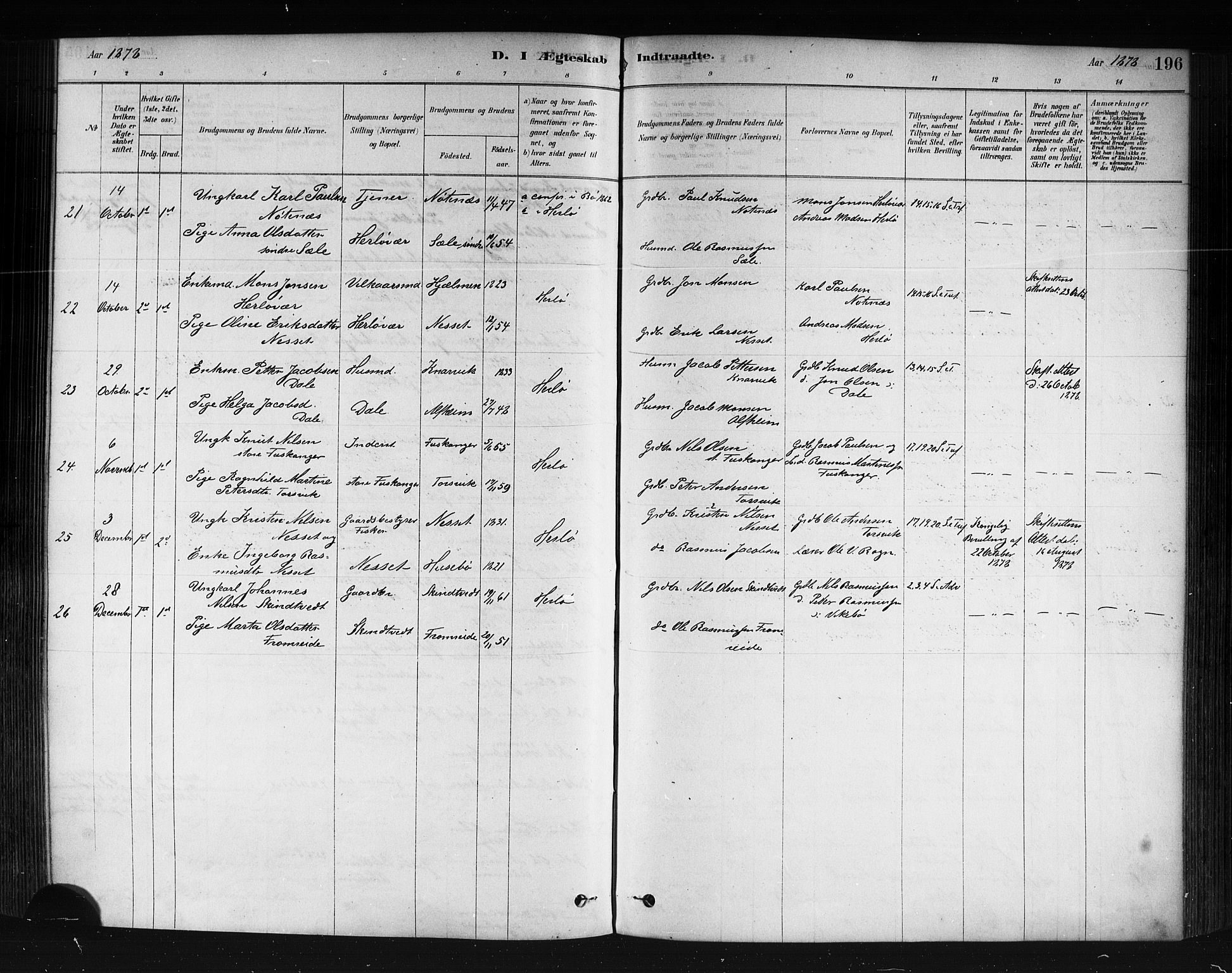 Herdla Sokneprestembete, AV/SAB-A-75701/H/Haa: Ministerialbok nr. A 3, 1878-1890, s. 196