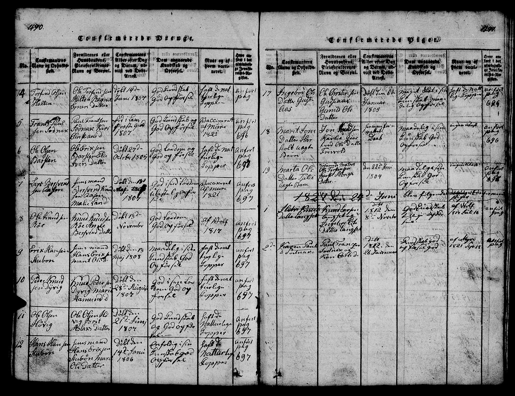 Ministerialprotokoller, klokkerbøker og fødselsregistre - Møre og Romsdal, AV/SAT-A-1454/551/L0629: Klokkerbok nr. 551C01, 1818-1839, s. 490-491