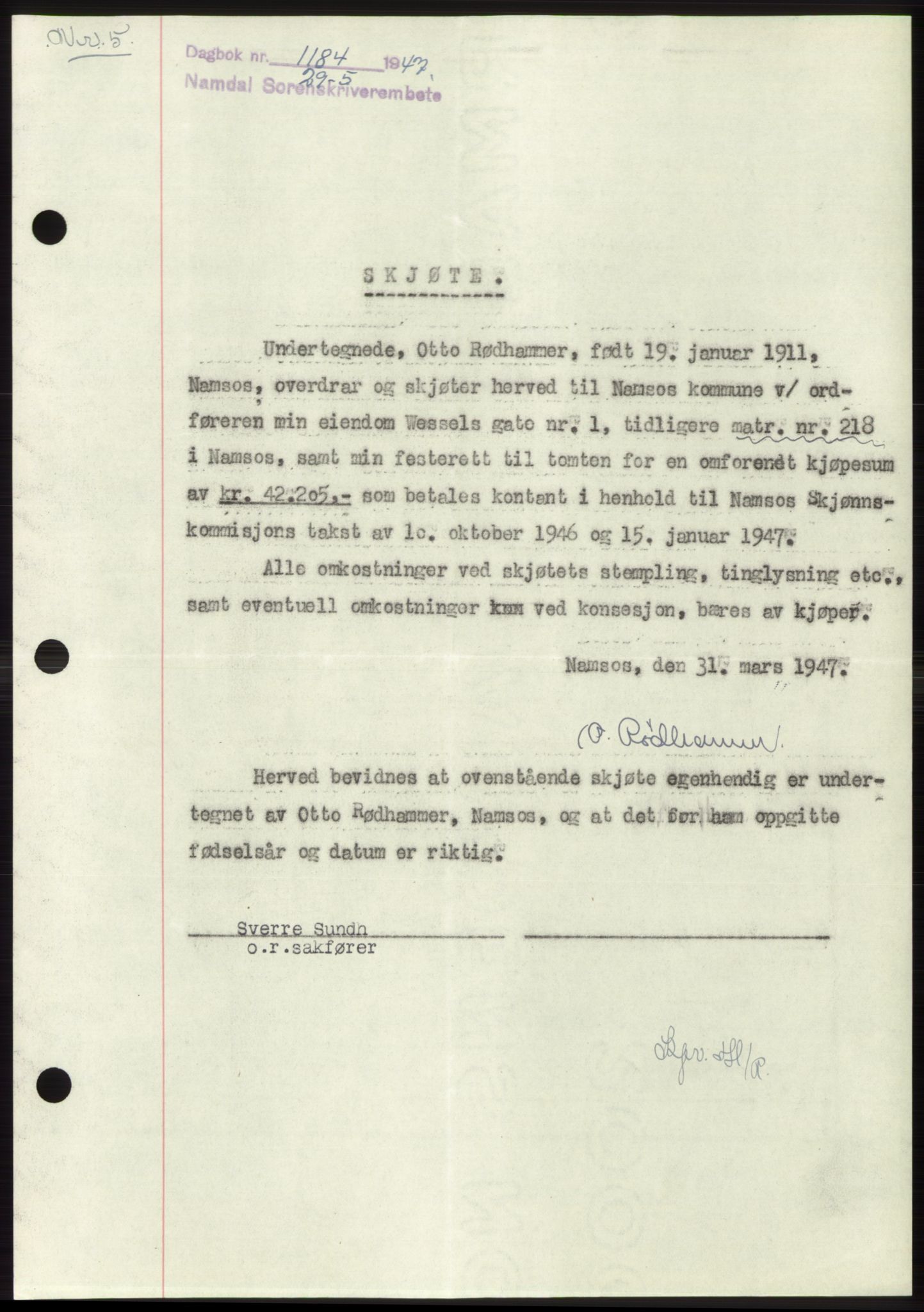 Namdal sorenskriveri, SAT/A-4133/1/2/2C: Pantebok nr. -, 1947-1947, Dagboknr: 1184/1947
