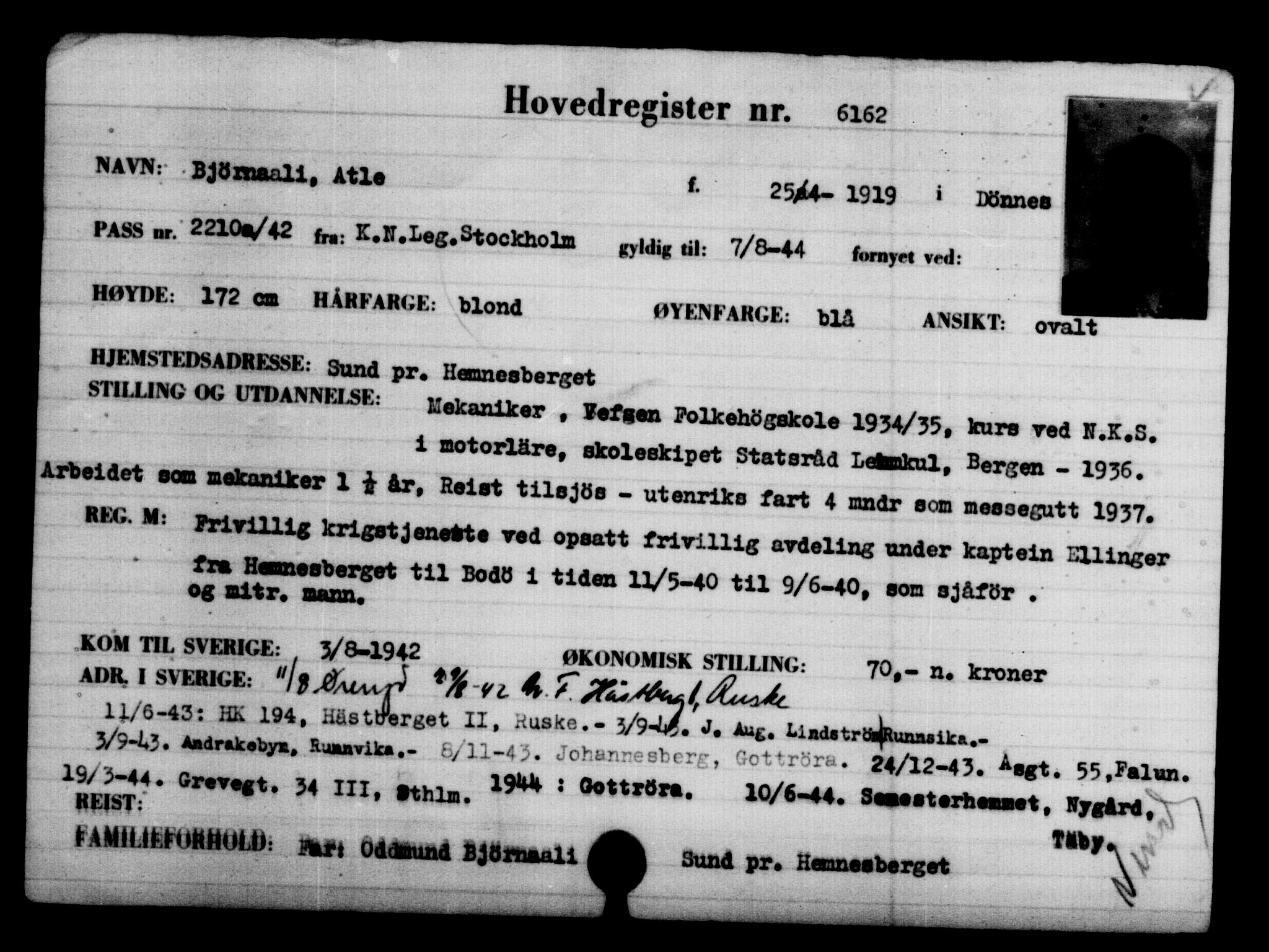 Utenriksstasjonene, Legasjonen i Stockholm, Flyktningkontoret, AV/RA-S-6753/V/Va/L0004: Kjesäterkartoteket, flyktninger med registreringsnr. 3496-6610, 1940-1945, s. 3126