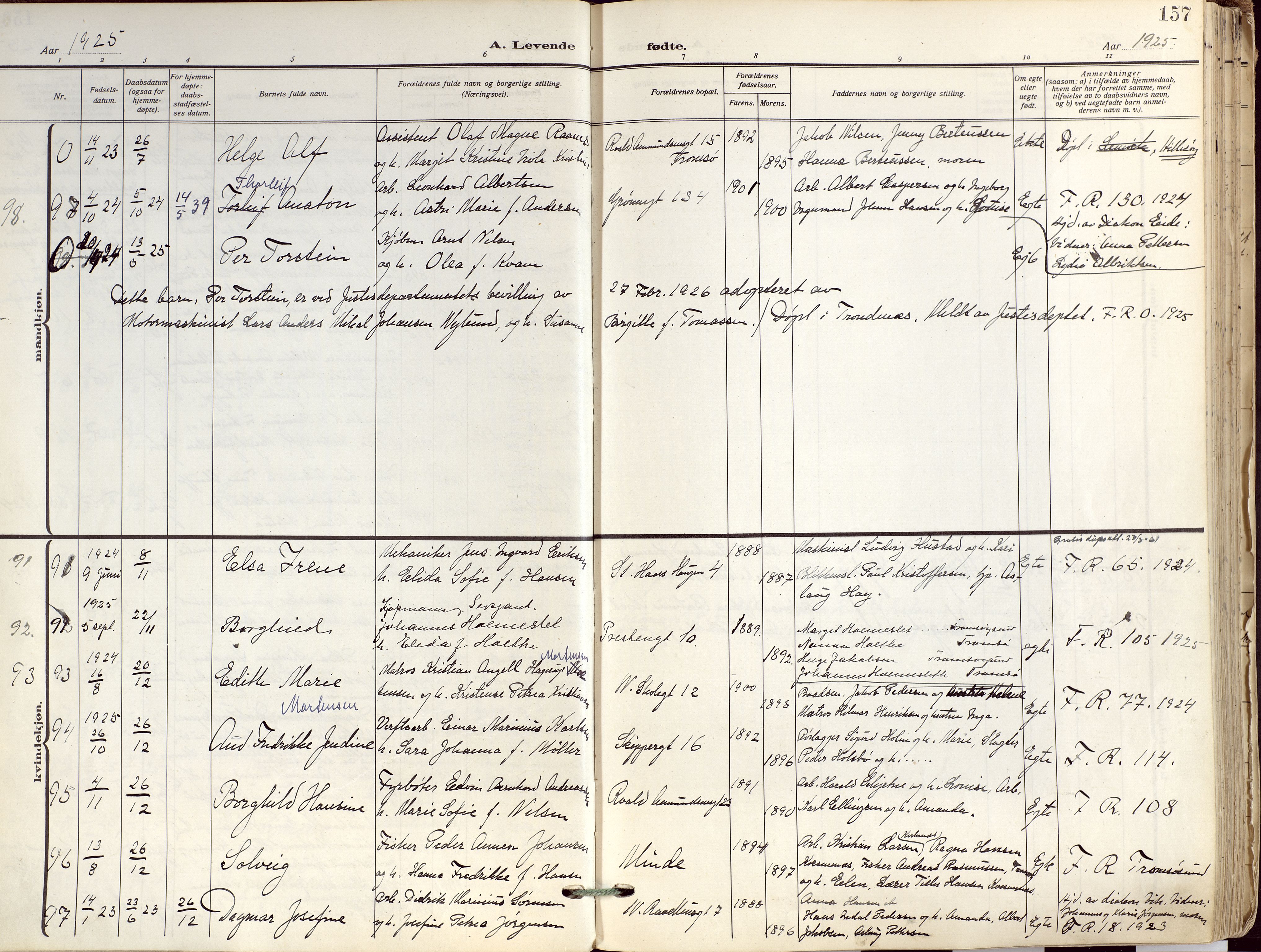 Tromsø sokneprestkontor/stiftsprosti/domprosti, SATØ/S-1343/G/Ga/L0019kirke: Ministerialbok nr. 19, 1917-1927, s. 157