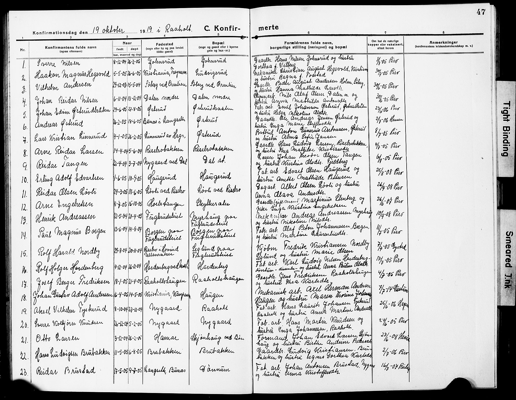 Eidsvoll prestekontor Kirkebøker, AV/SAO-A-10888/G/Ga/L0009: Klokkerbok nr. I 9, 1914-1927, s. 47