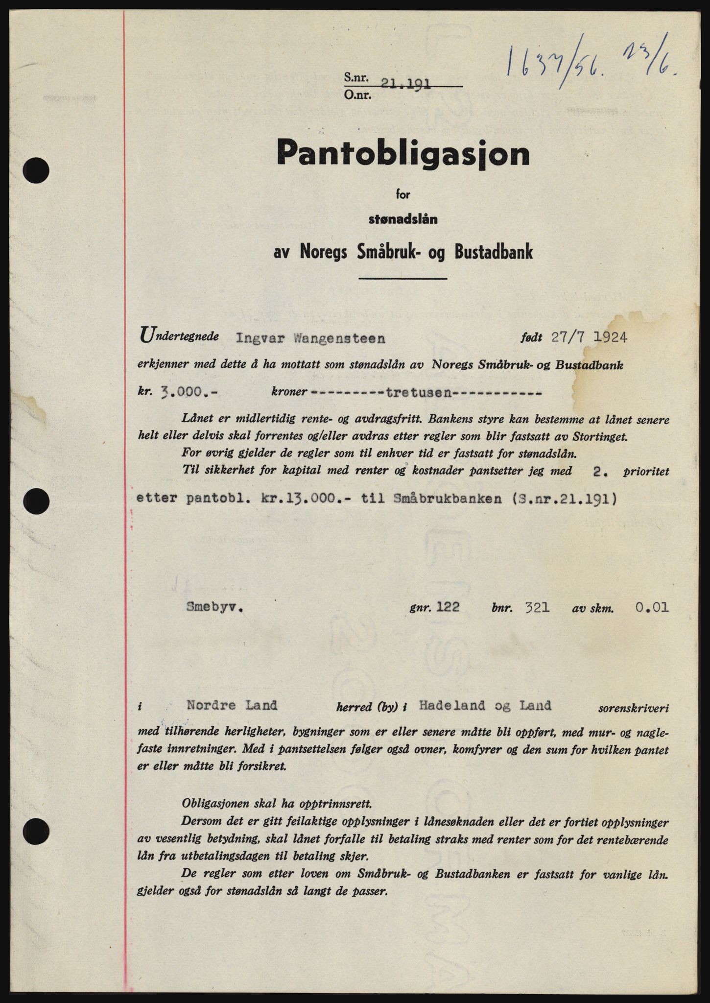 Hadeland og Land tingrett, SAH/TING-010/H/Hb/Hbc/L0034: Pantebok nr. B34, 1956-1956, Dagboknr: 1637/1956