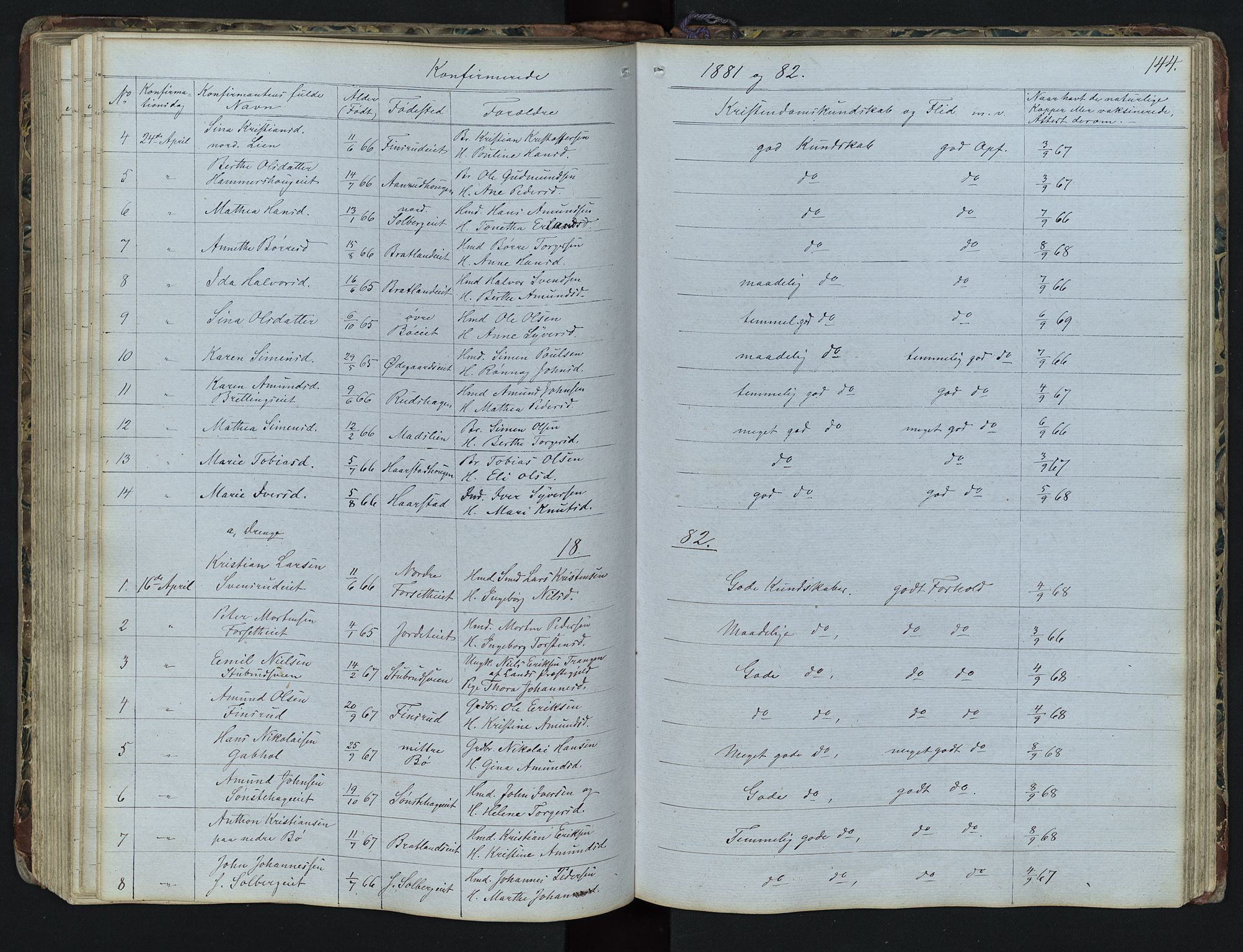 Vestre Gausdal prestekontor, AV/SAH-PREST-094/H/Ha/Hab/L0001: Klokkerbok nr. 1, 1867-1895, s. 144