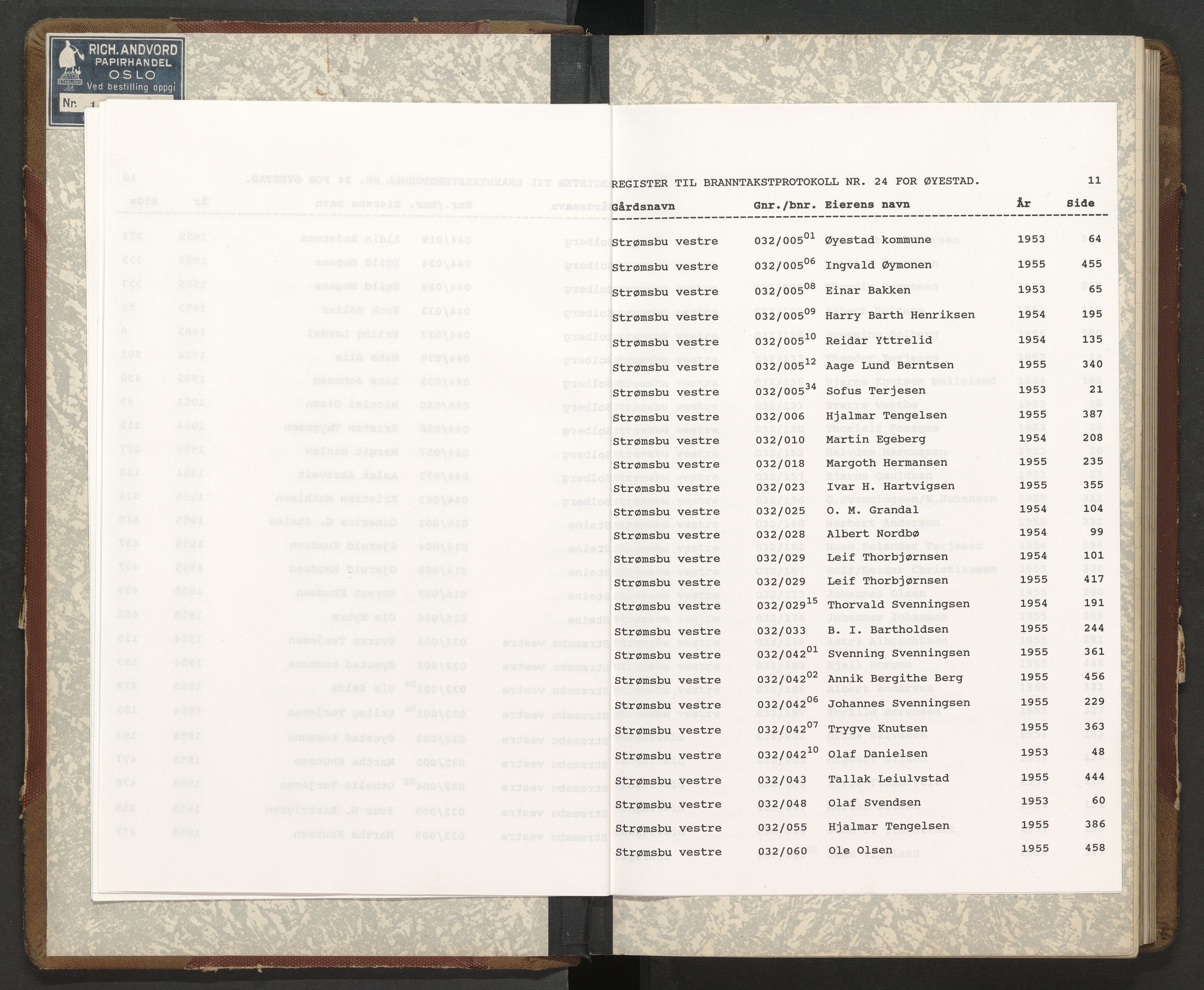 Norges Brannkasse Øyestad, AV/SAK-2241-0059/F/Fa/L0024: Branntakstprotokoll nr. 24 med gårdsnavnregister, 1953-1955