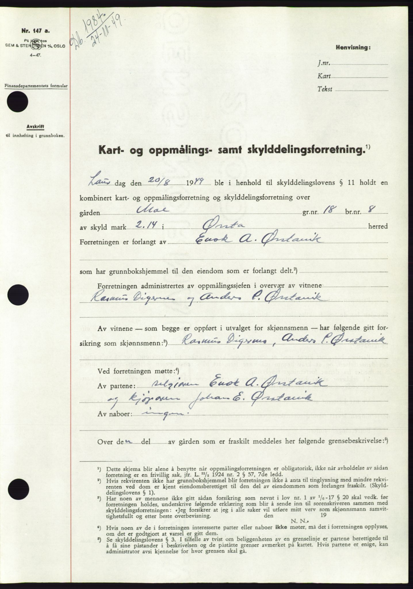 Søre Sunnmøre sorenskriveri, SAT/A-4122/1/2/2C/L0085: Pantebok nr. 11A, 1949-1949, Dagboknr: 1984/1949