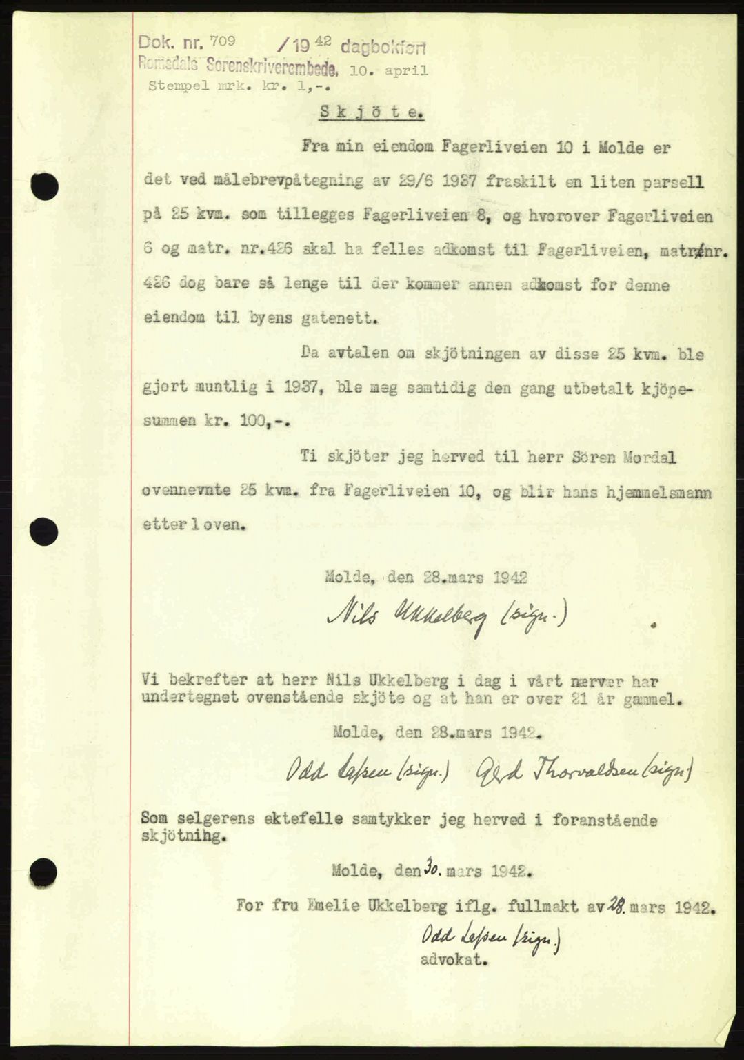 Romsdal sorenskriveri, SAT/A-4149/1/2/2C: Pantebok nr. A12, 1942-1942, Dagboknr: 709/1942