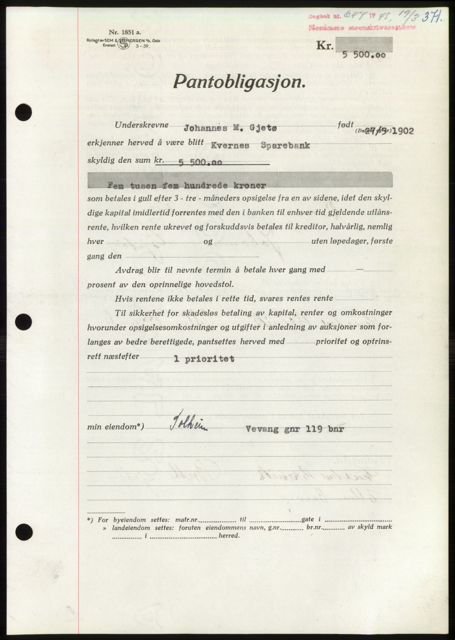 Nordmøre sorenskriveri, SAT/A-4132/1/2/2Ca: Pantebok nr. B98, 1948-1948, Dagboknr: 647/1948