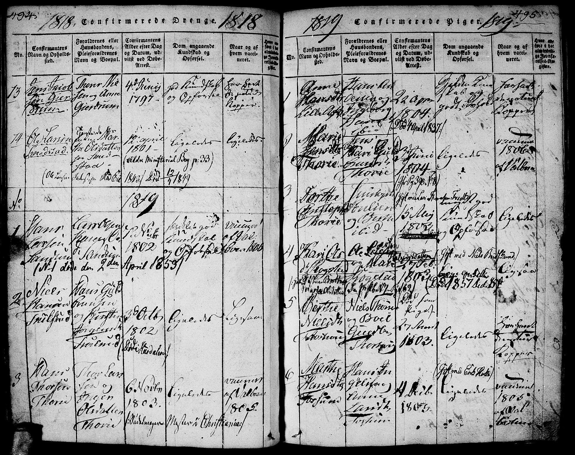 Gjerdrum prestekontor Kirkebøker, AV/SAO-A-10412b/G/Ga/L0001: Klokkerbok nr. I 1, 1816-1837, s. 494-495