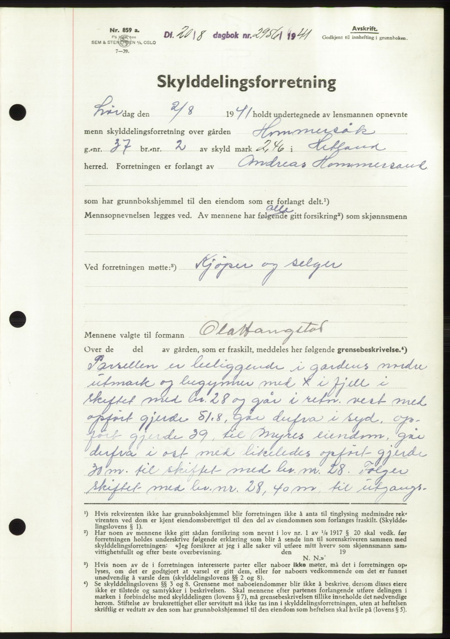 Jæren sorenskriveri, SAST/A-100310/03/G/Gba/L0080: Pantebok, 1941-1941, Dagboknr: 2956/1941