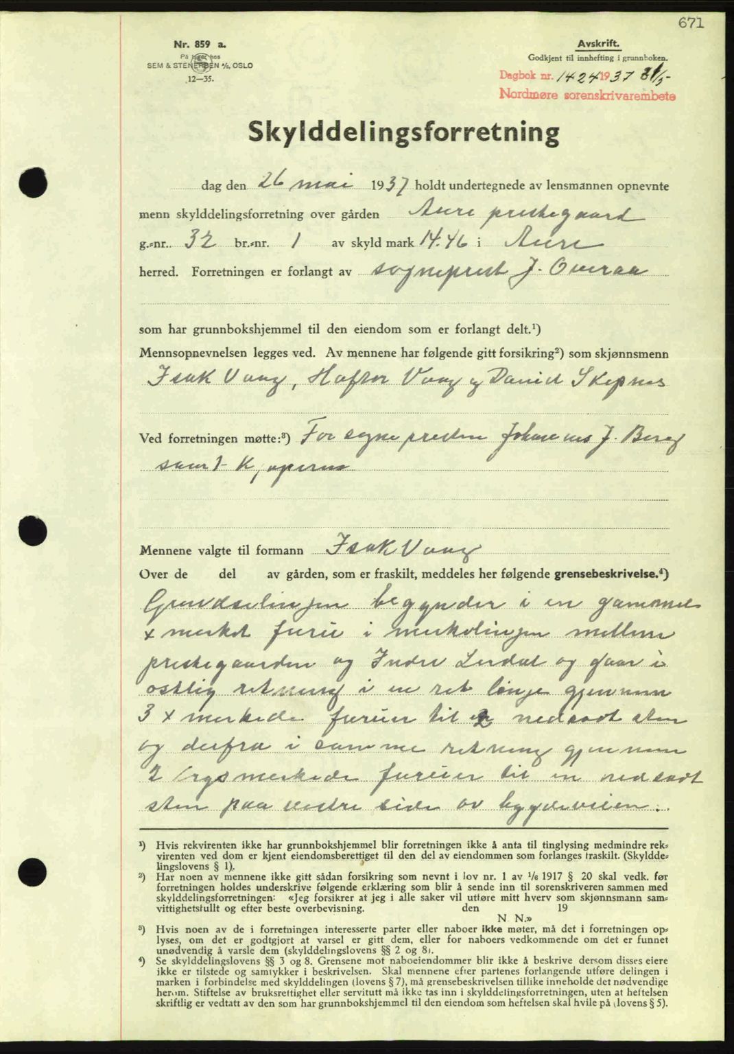 Nordmøre sorenskriveri, SAT/A-4132/1/2/2Ca: Pantebok nr. A81, 1937-1937, Dagboknr: 1424/1937