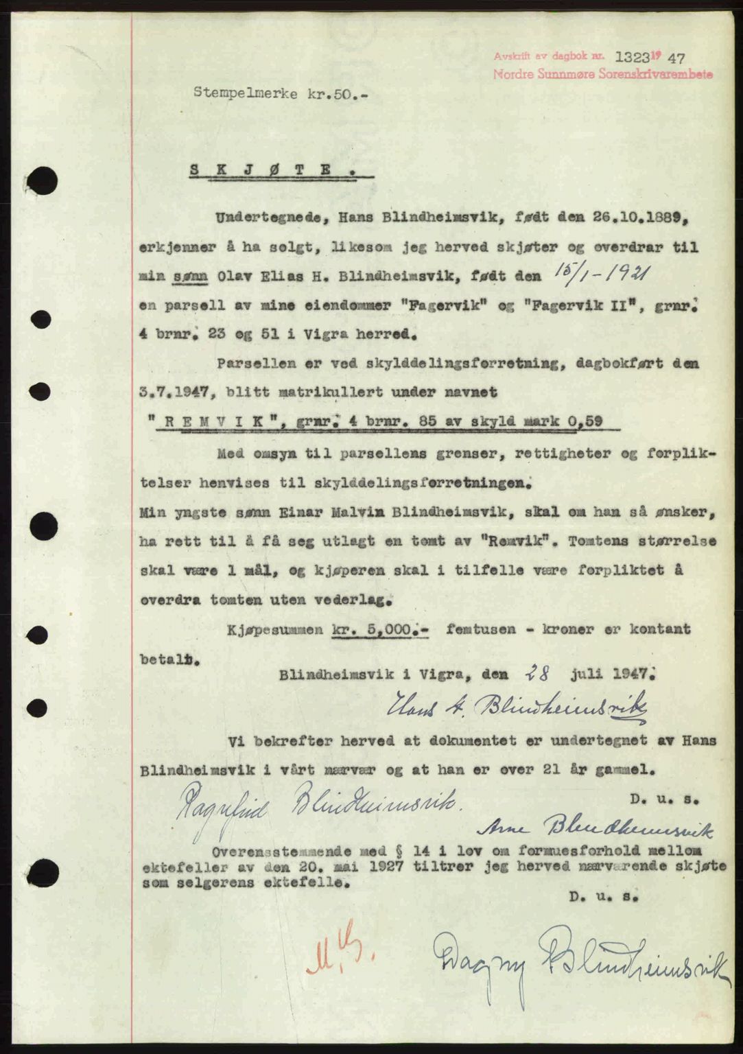 Nordre Sunnmøre sorenskriveri, AV/SAT-A-0006/1/2/2C/2Ca: Pantebok nr. A25, 1947-1947, Dagboknr: 1323/1947