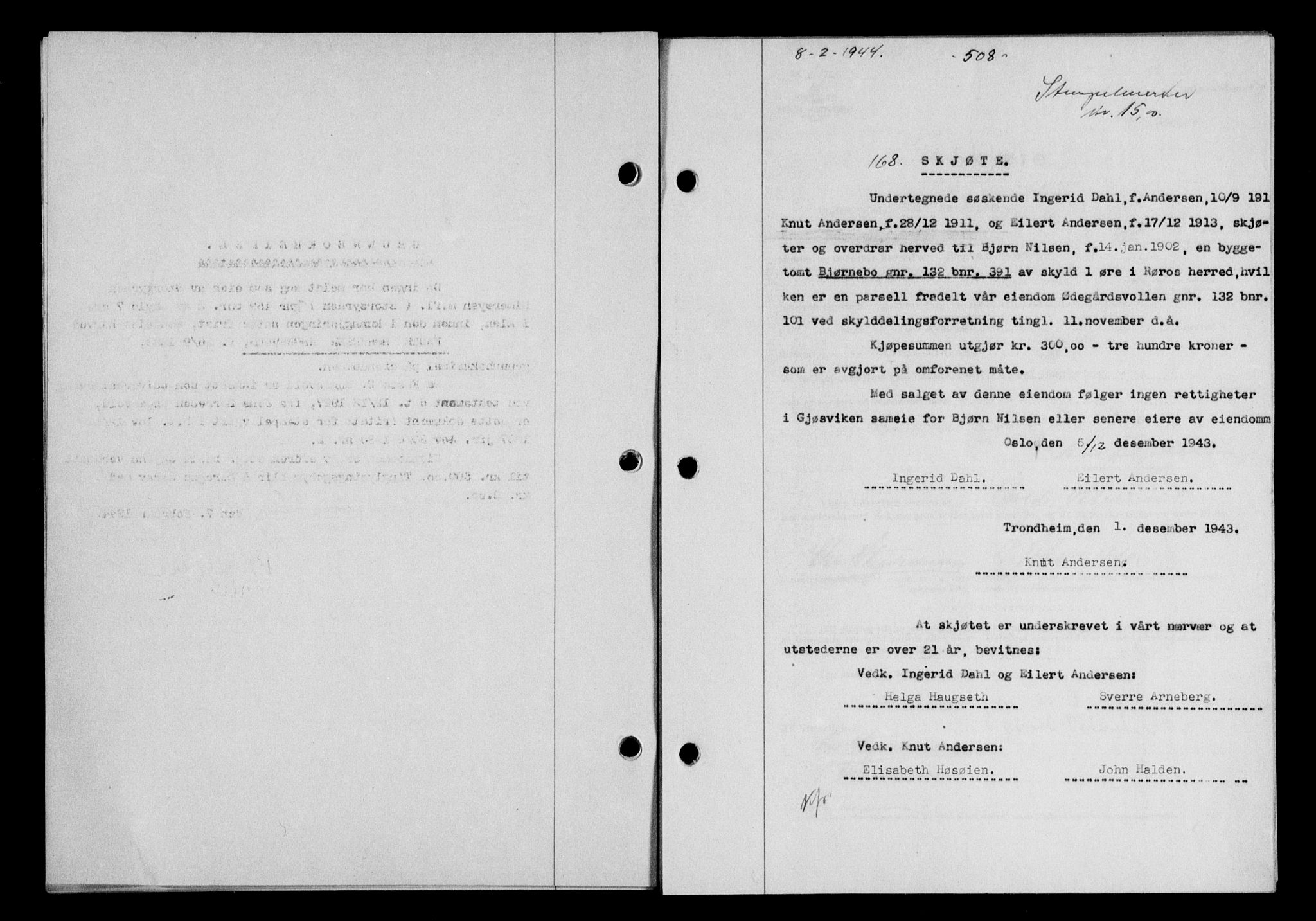 Gauldal sorenskriveri, SAT/A-0014/1/2/2C/L0057: Pantebok nr. 62, 1943-1944, Dagboknr: 168/1944