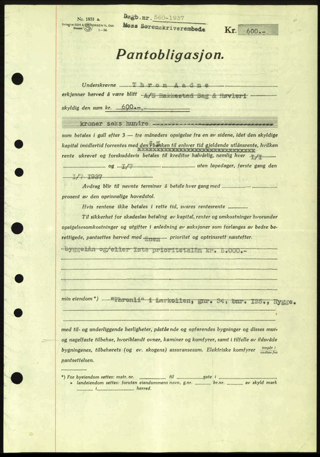 Moss sorenskriveri, SAO/A-10168: Pantebok nr. B3, 1937-1937, Dagboknr: 560/1937