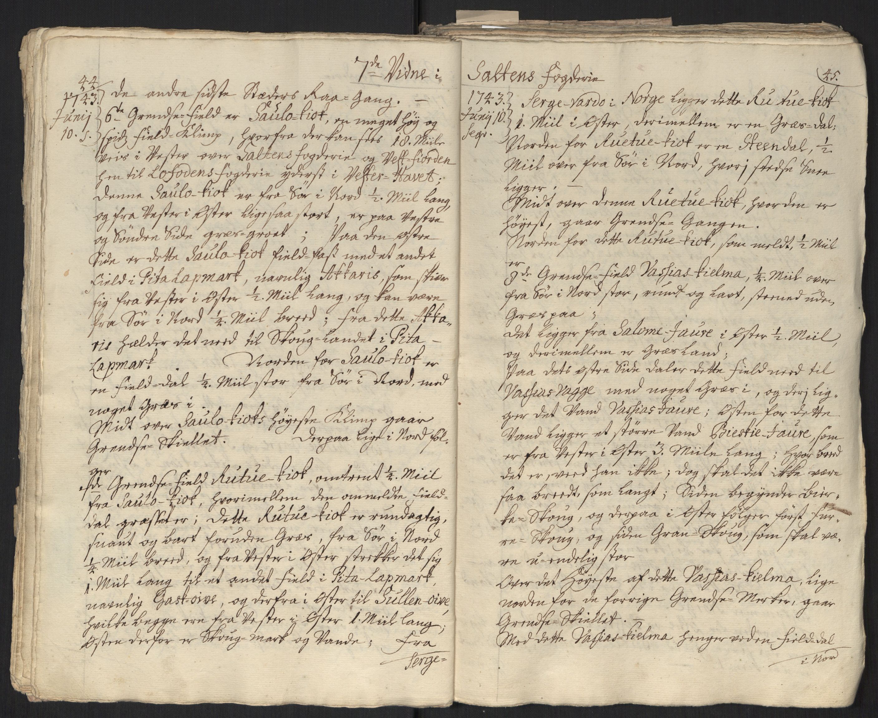 Danske Kanselli, Grensearkivet, AV/RA-EA-4062/F/L0011a/0001: Volum XXIII-XXVIa / Vol. XXIII: Major Schnitlers grenseeksaminasjonsprotokoll, 3. bind, 1743, s. 44-45