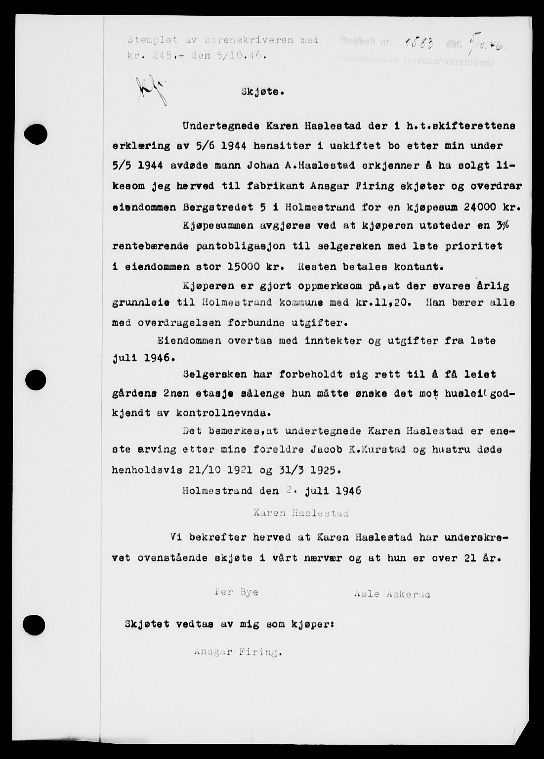 Holmestrand sorenskriveri, SAKO/A-67/G/Ga/Gaa/L0061: Pantebok nr. A-61, 1946-1947, Dagboknr: 1583/1946