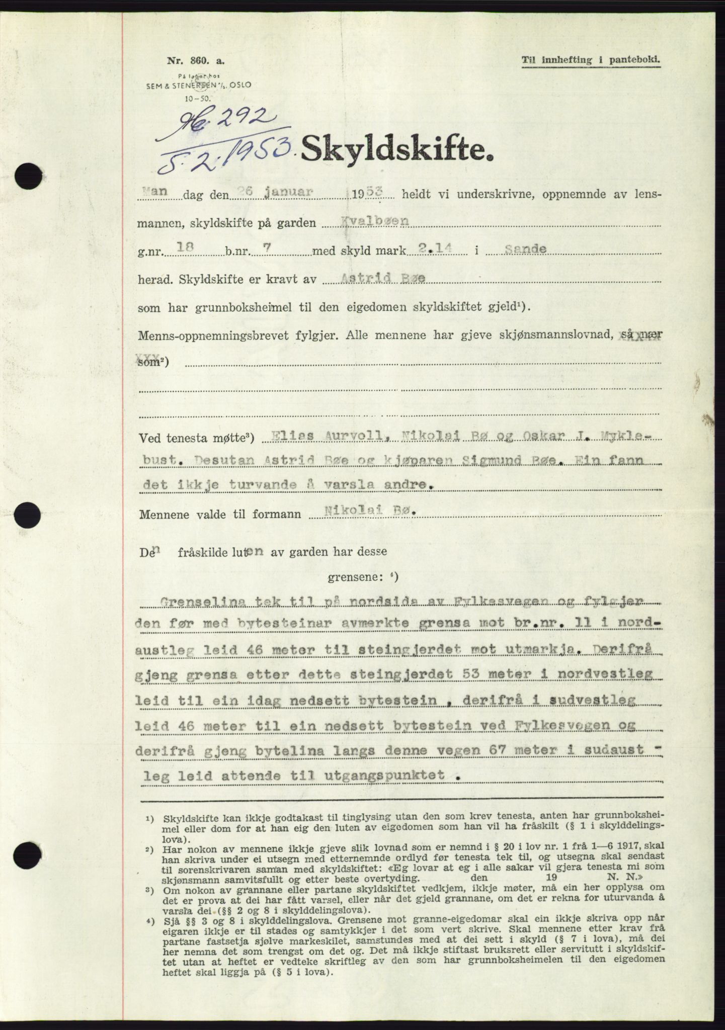 Søre Sunnmøre sorenskriveri, AV/SAT-A-4122/1/2/2C/L0094: Pantebok nr. 20A, 1953-1953, Dagboknr: 292/1953