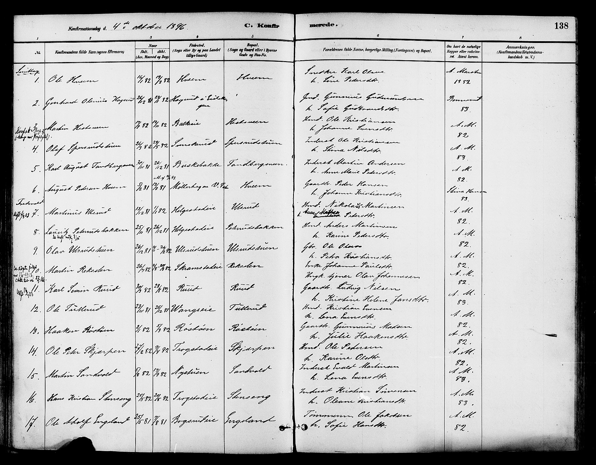 Østre Toten prestekontor, AV/SAH-PREST-104/H/Ha/Haa/L0007: Ministerialbok nr. 7, 1881-1896, s. 138