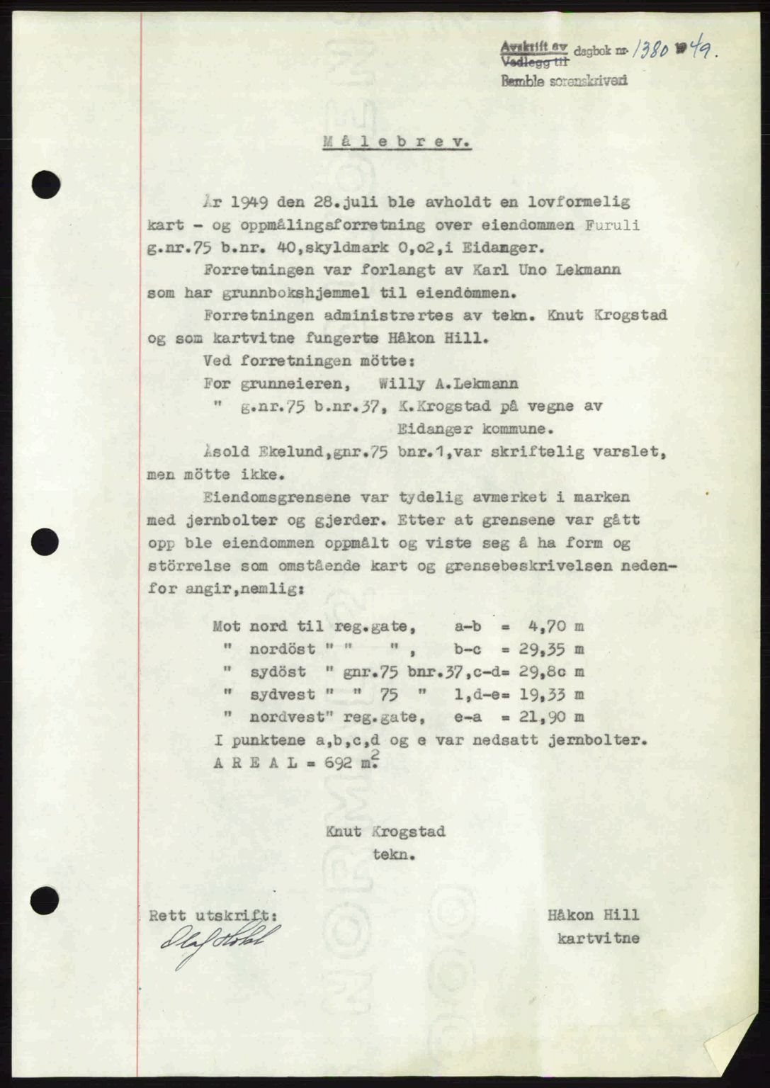 Bamble sorenskriveri, SAKO/A-214/G/Ga/Gag/L0015: Pantebok nr. A-15, 1949-1949, Dagboknr: 1380/1949