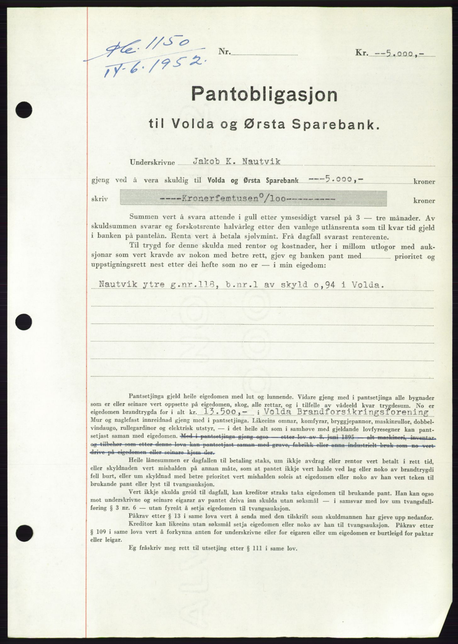 Søre Sunnmøre sorenskriveri, AV/SAT-A-4122/1/2/2C/L0121: Pantebok nr. 9B, 1951-1952, Dagboknr: 1150/1952