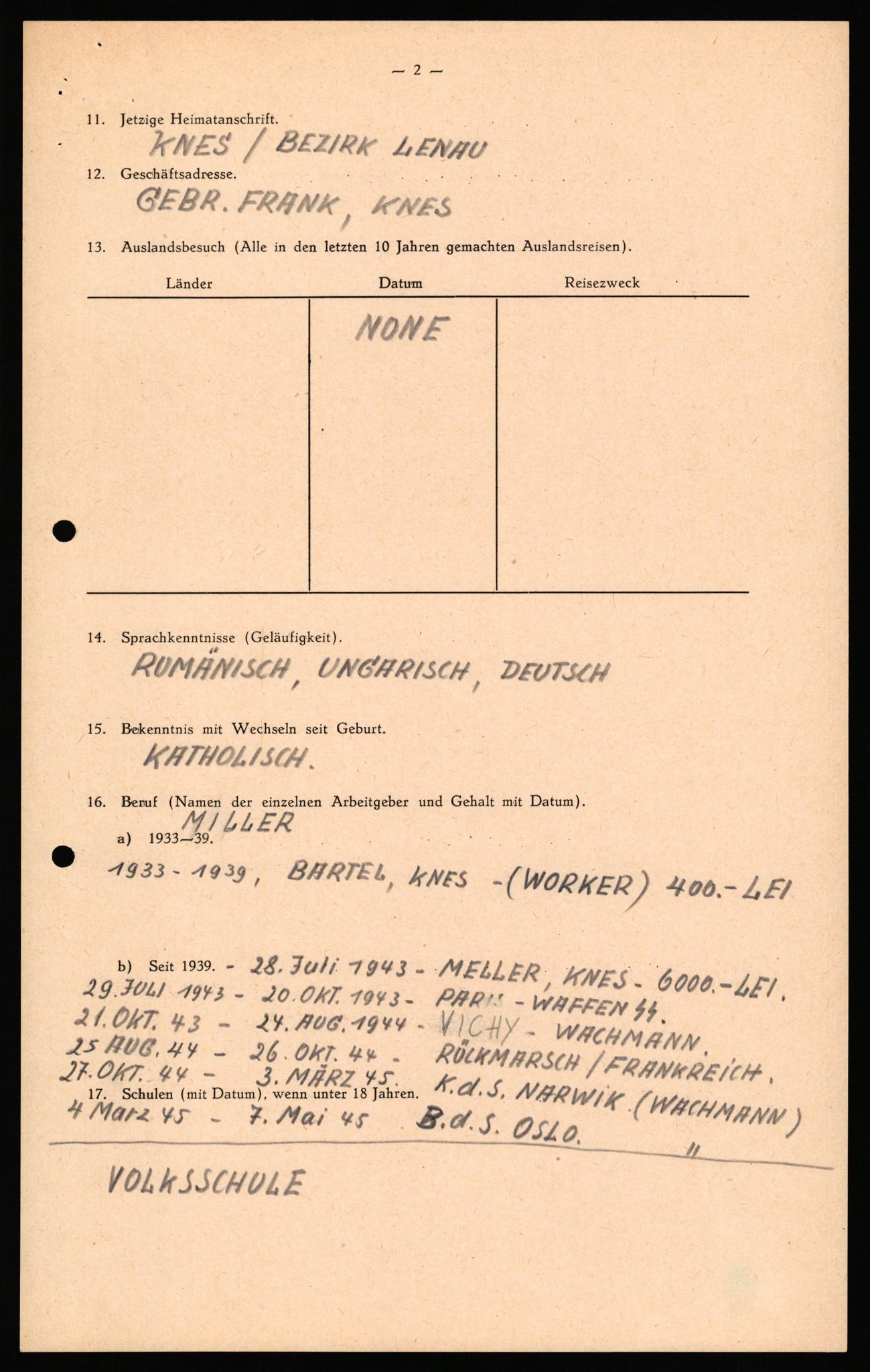 Forsvaret, Forsvarets overkommando II, RA/RAFA-3915/D/Db/L0041: CI Questionaires.  Diverse nasjonaliteter., 1945-1946, s. 165