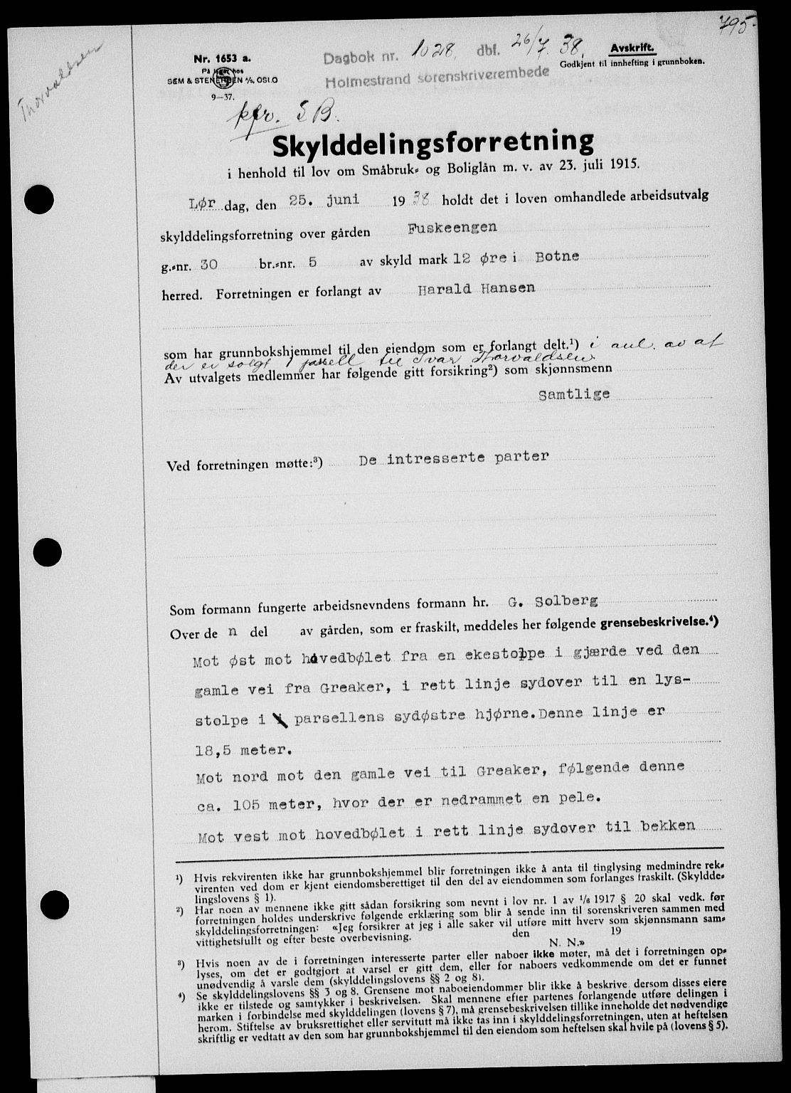 Holmestrand sorenskriveri, SAKO/A-67/G/Ga/Gaa/L0049: Pantebok nr. A-49, 1937-1938, Dagboknr: 1028/1938