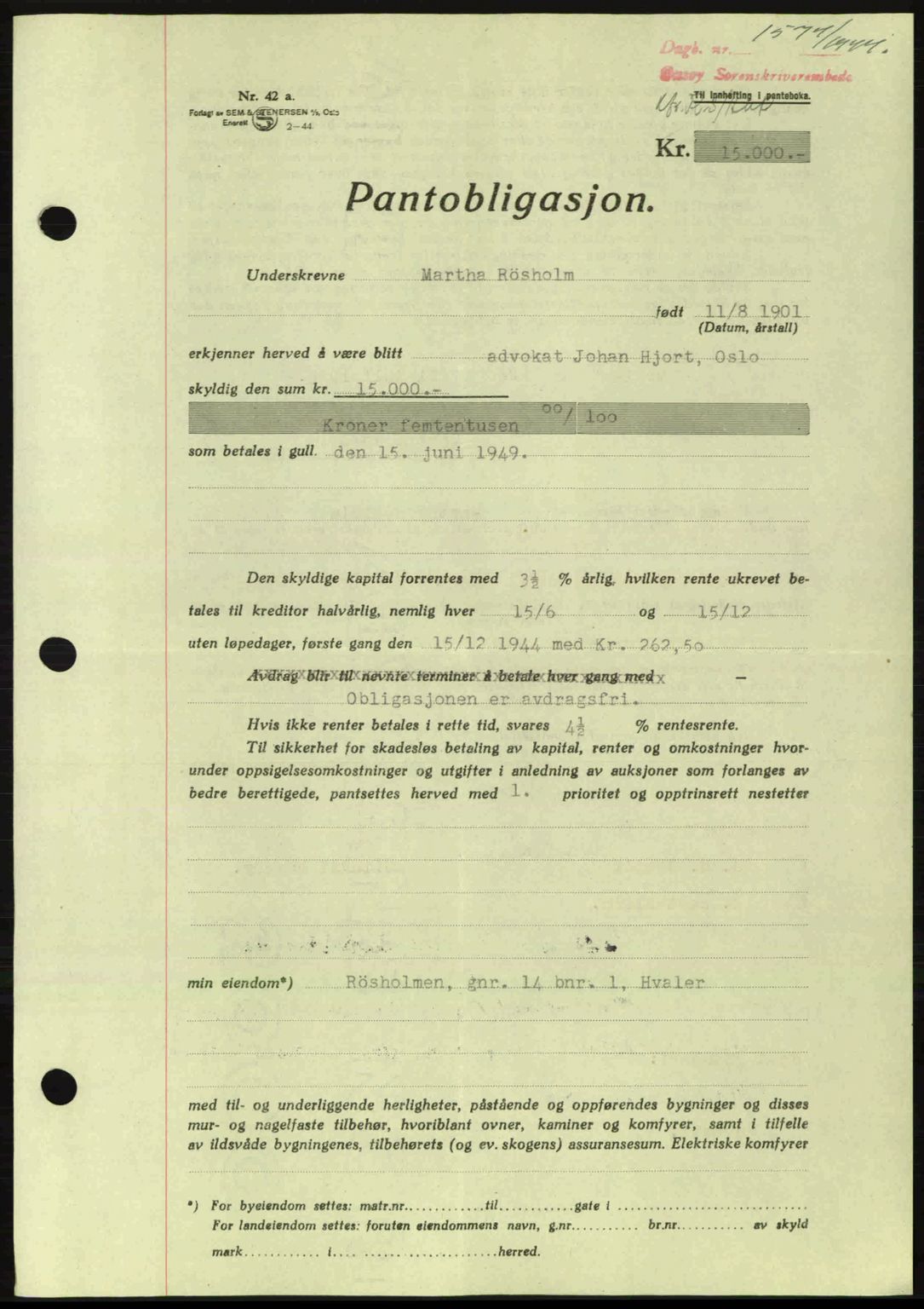 Onsøy sorenskriveri, SAO/A-10474/G/Ga/Gac/L0003: Pantebok nr. B3, 1940-1944, Dagboknr: 1577/1944