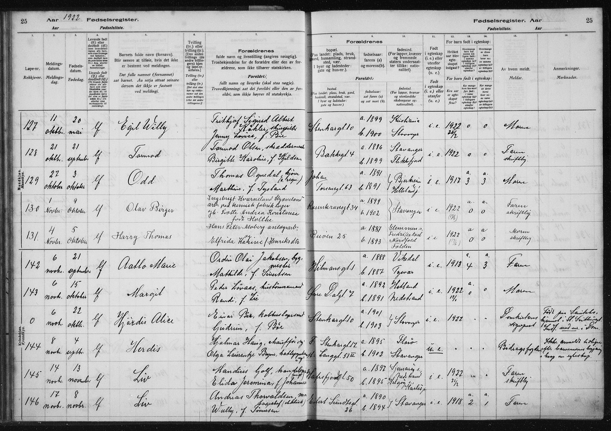 St. Petri sokneprestkontor, AV/SAST-A-101813/002/A/L0002: Fødselsregister nr. 2, 1922-1929, s. 25