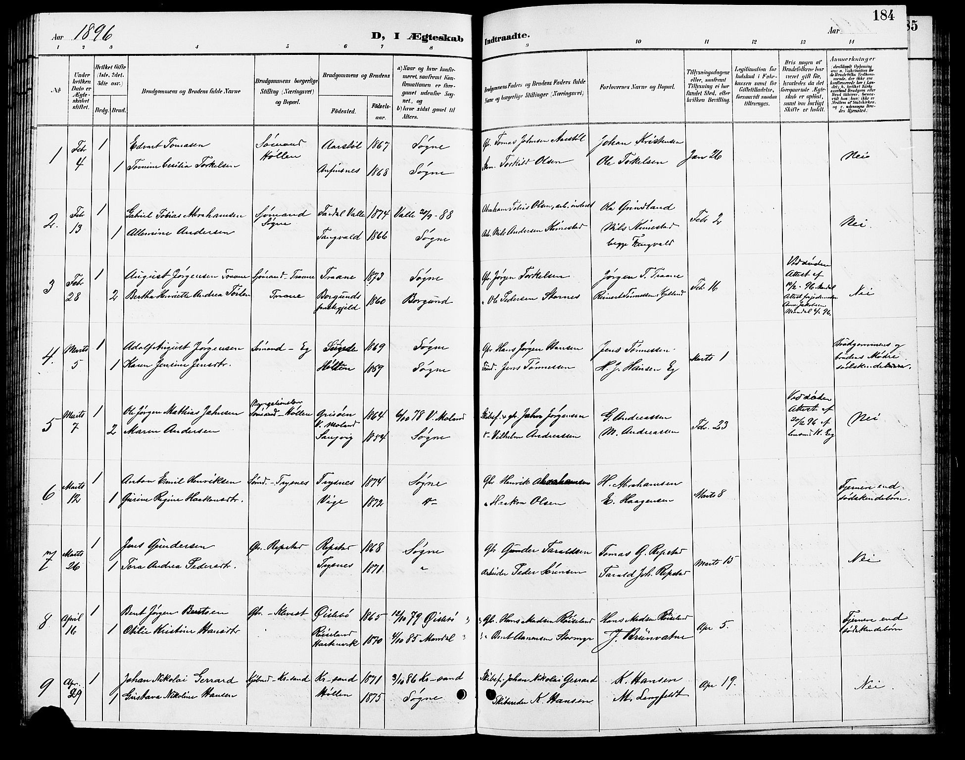 Søgne sokneprestkontor, AV/SAK-1111-0037/F/Fb/Fbb/L0006: Klokkerbok nr. B 6, 1892-1911, s. 184