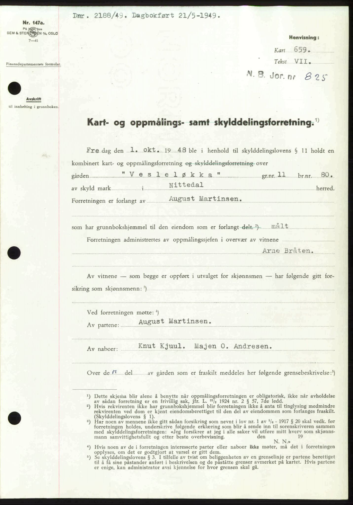 Nedre Romerike sorenskriveri, SAO/A-10469/G/Gb/Gbd/L0025: Pantebok nr. 25, 1949-1949, Dagboknr: 2188/1949