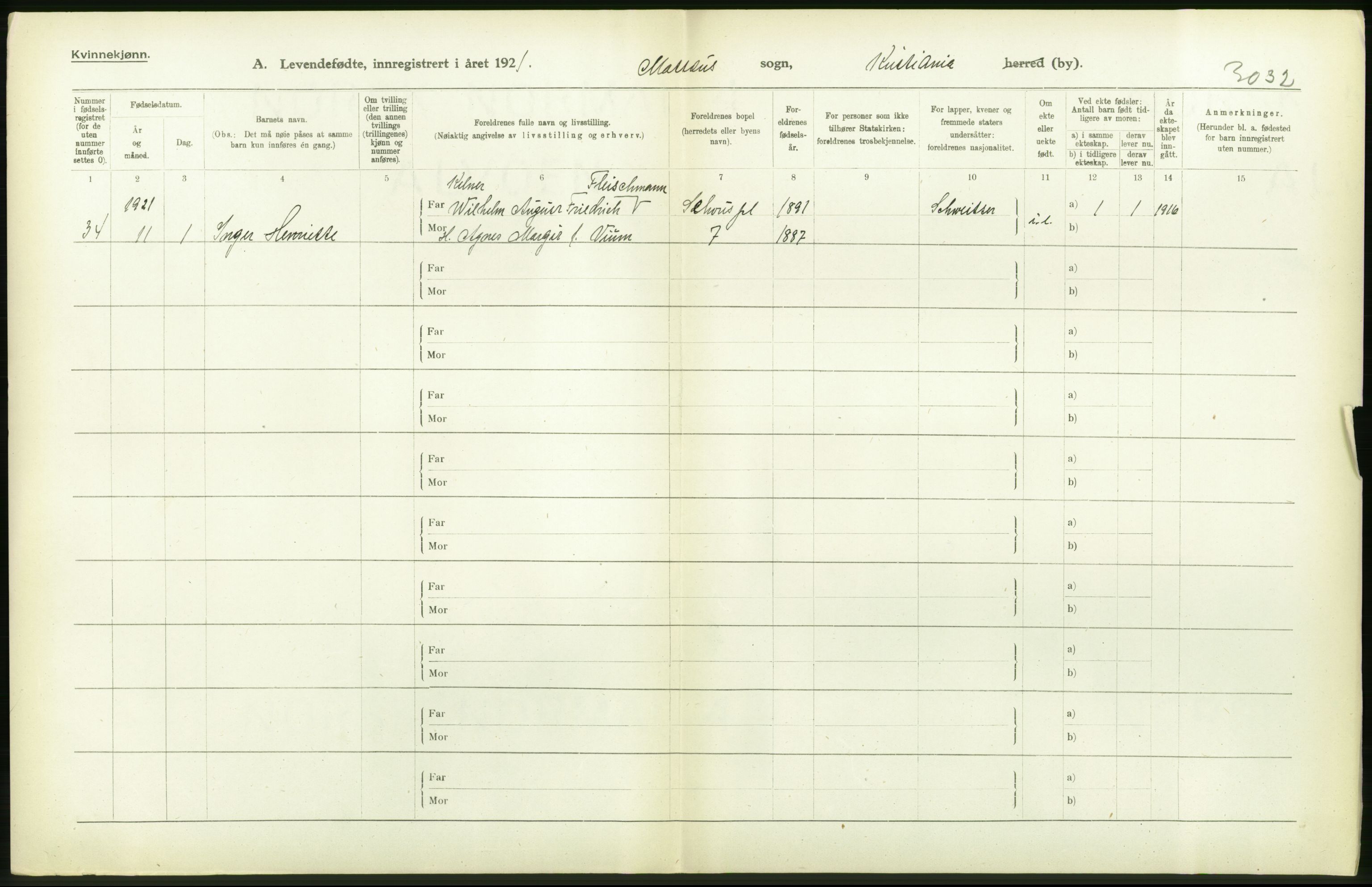 Statistisk sentralbyrå, Sosiodemografiske emner, Befolkning, RA/S-2228/D/Df/Dfc/Dfca/L0008: Kristiania: Levendefødte menn og kvinner., 1921, s. 164