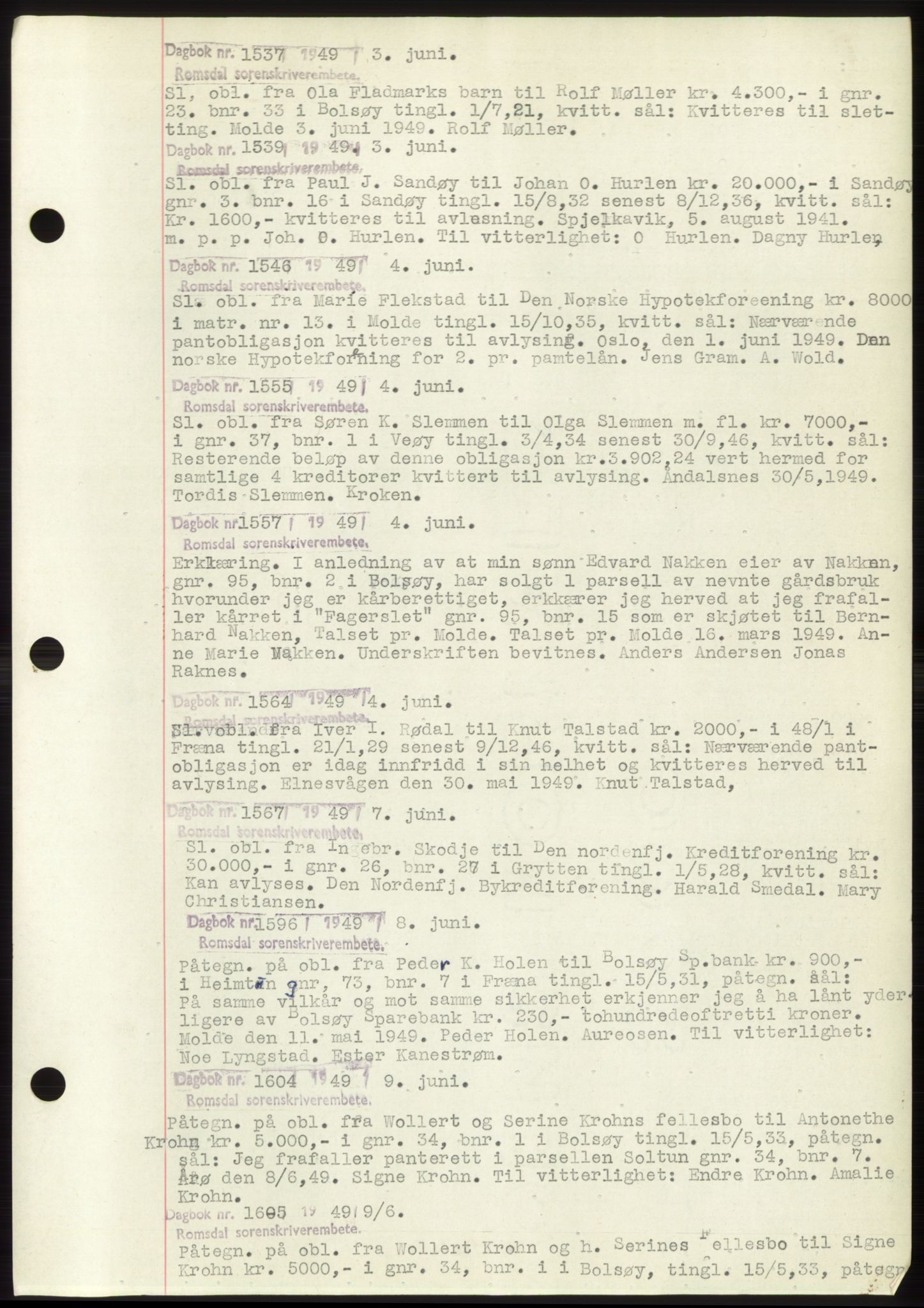 Romsdal sorenskriveri, SAT/A-4149/1/2/2C: Pantebok nr. C2, 1949-1951, Dagboknr: 1537/1949