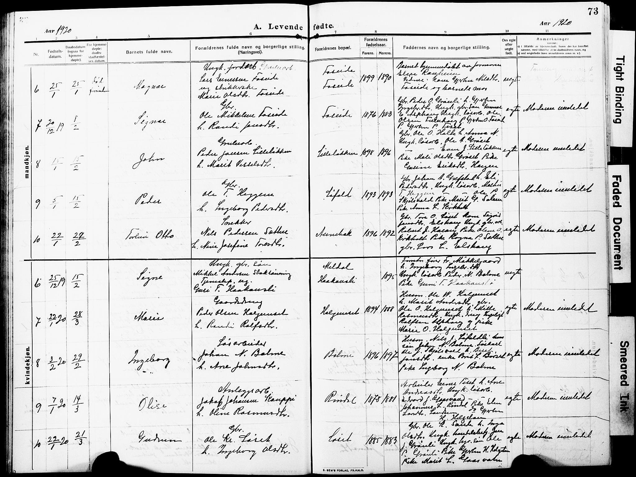 Ministerialprotokoller, klokkerbøker og fødselsregistre - Møre og Romsdal, AV/SAT-A-1454/598/L1079: Klokkerbok nr. 598C04, 1909-1927, s. 73