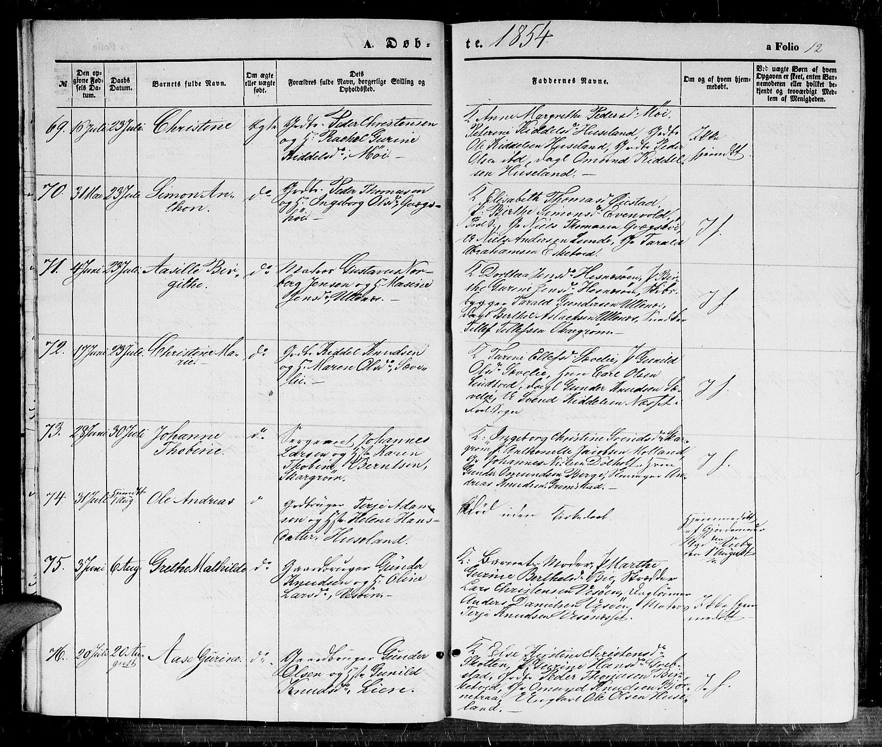 Fjære sokneprestkontor, AV/SAK-1111-0011/F/Fb/L0008: Klokkerbok nr. B 8, 1854-1867, s. 12